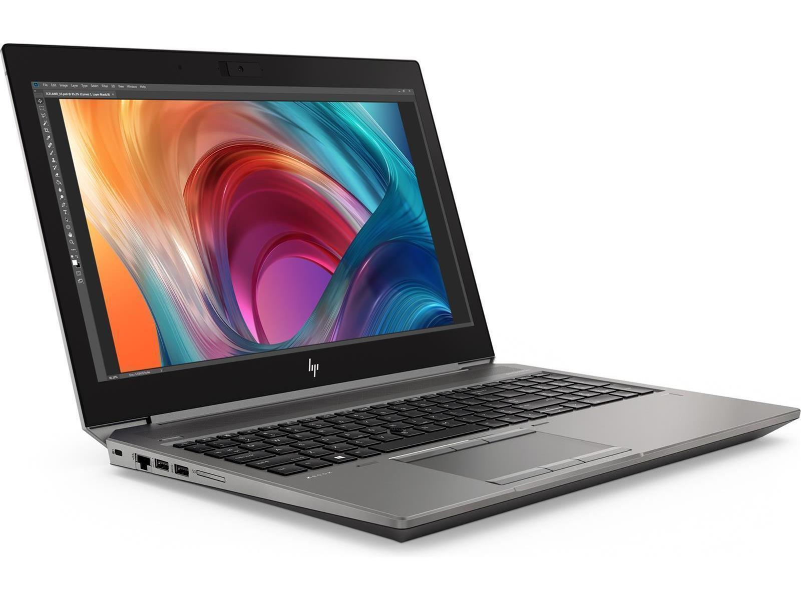 Grauer HP Laptop mit beleuchtetem Bildschirm, der ein farbenfrohes abstraktes Muster zeigt.