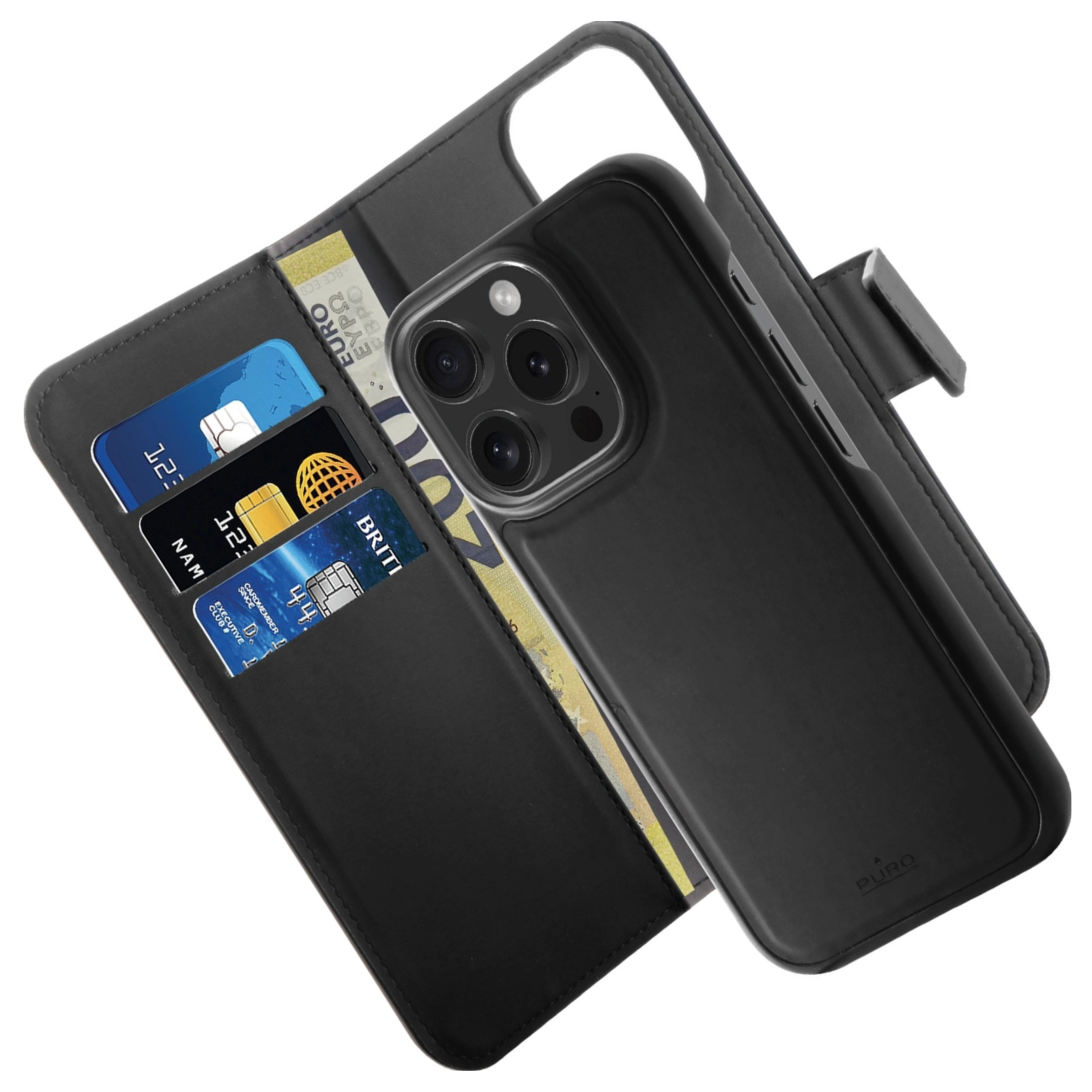 Portafoglio nero con custodia per telefono, carte e banconote.