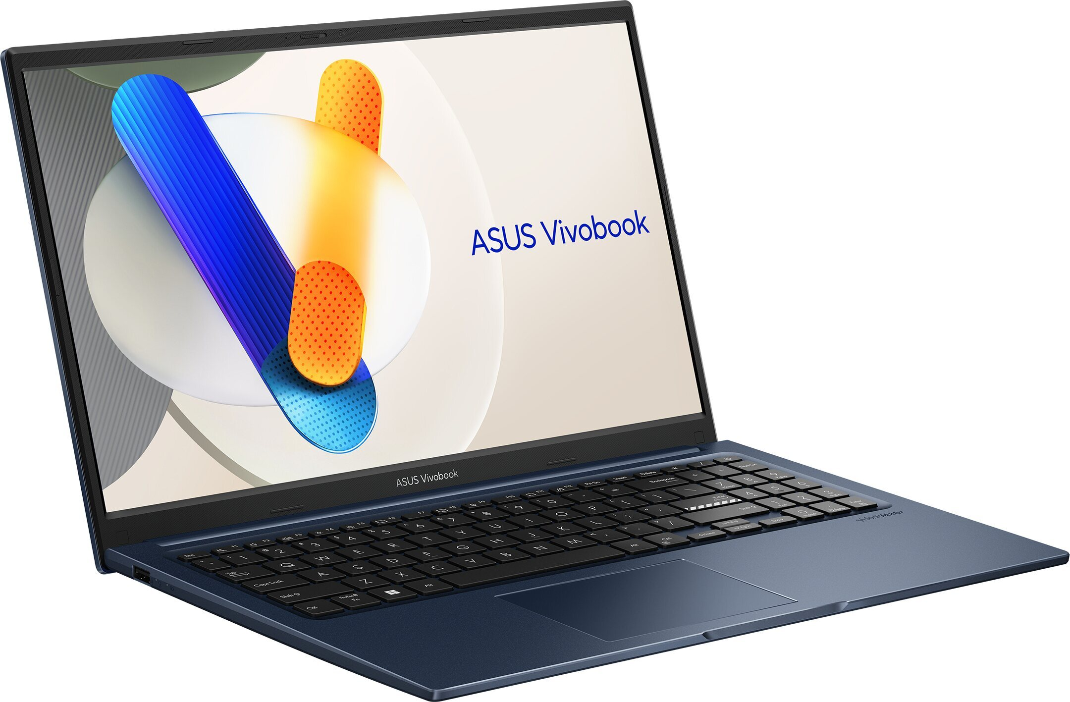 Un portátil ASUS Vivobook azul con un diseño abstracto en pantalla.