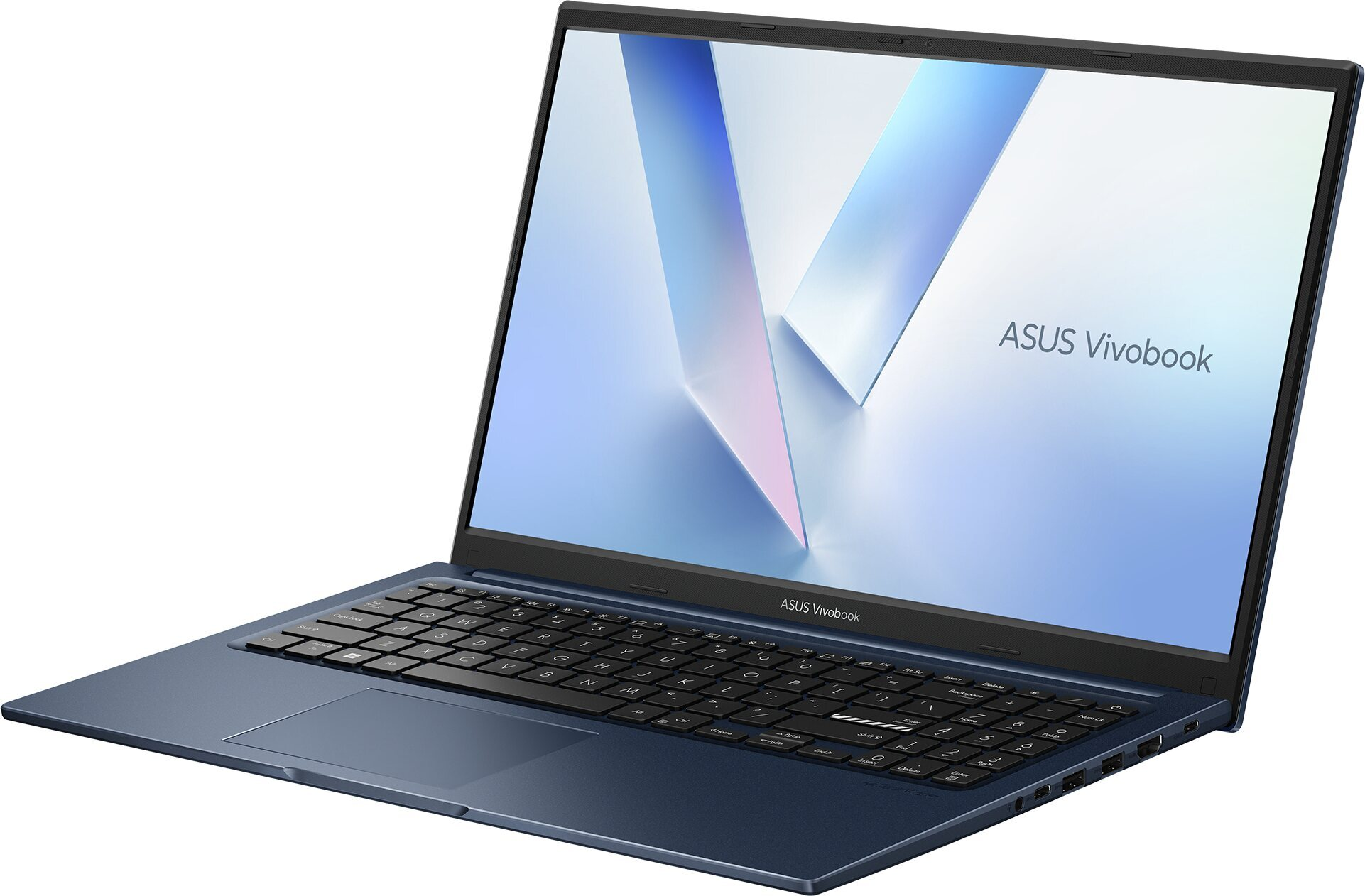 Un portátil ASUS Vivobook azul oscuro está abierto con la pantalla hacia arriba.