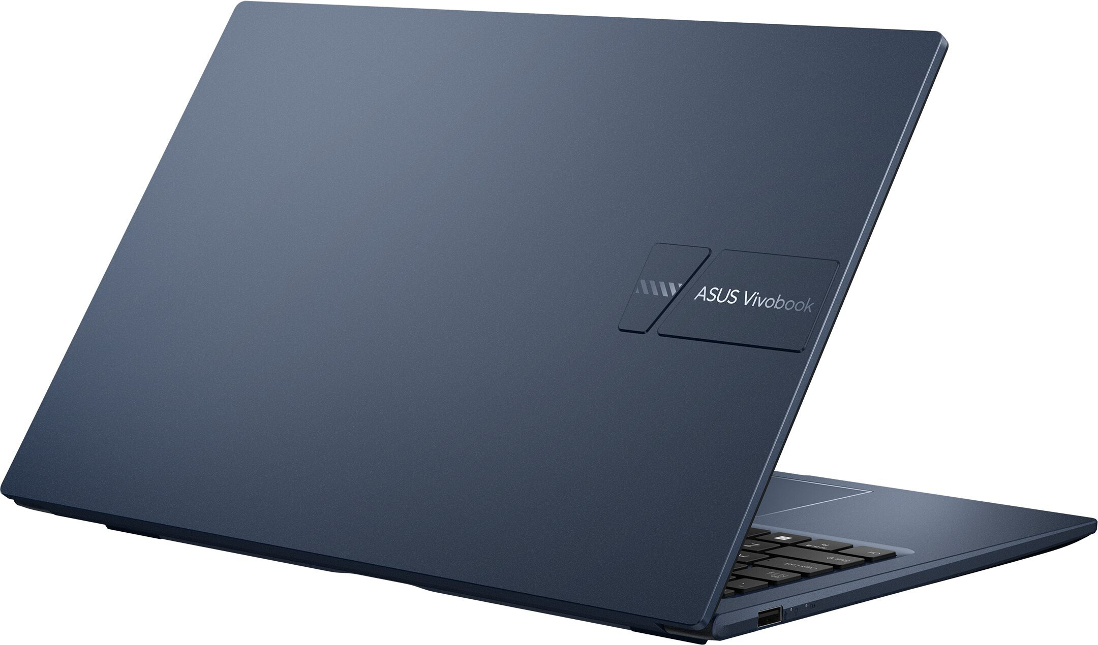 Un portátil Asus Vivobook azul con teclado y logo en la tapa.