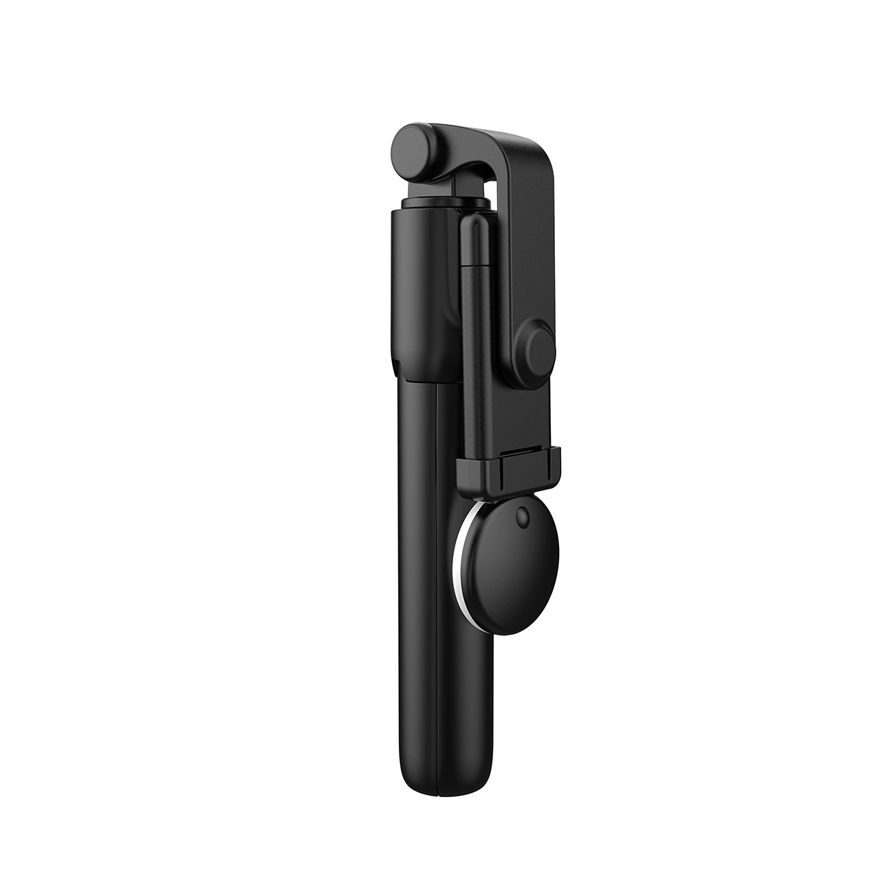 Ein schwarzer Selfie-Stick, vertikal auf weißem Hintergrund.