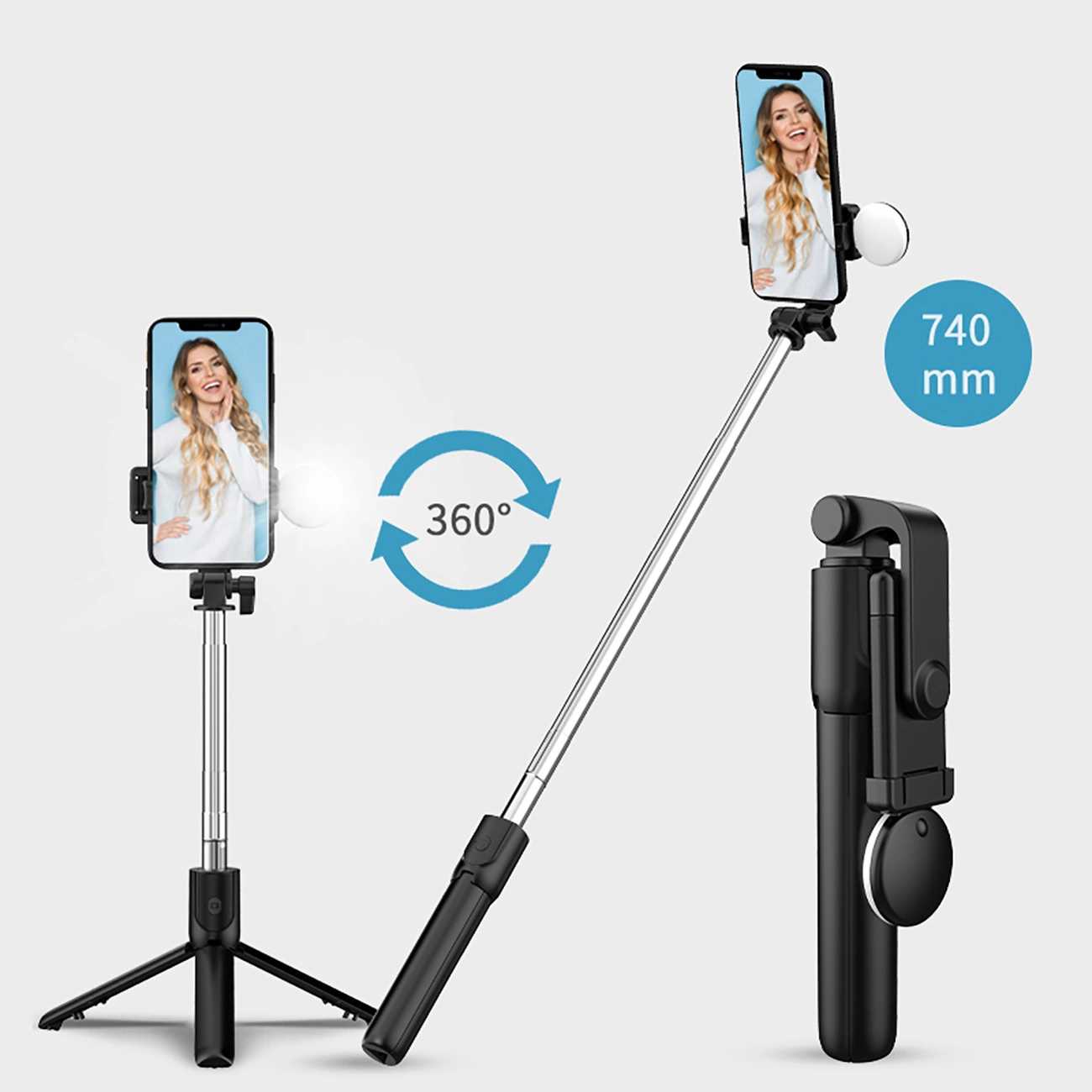 Ein Selfie-Stick mit Handy im 740mm ausziehbaren Modus und im zusammengeklappten Zustand.