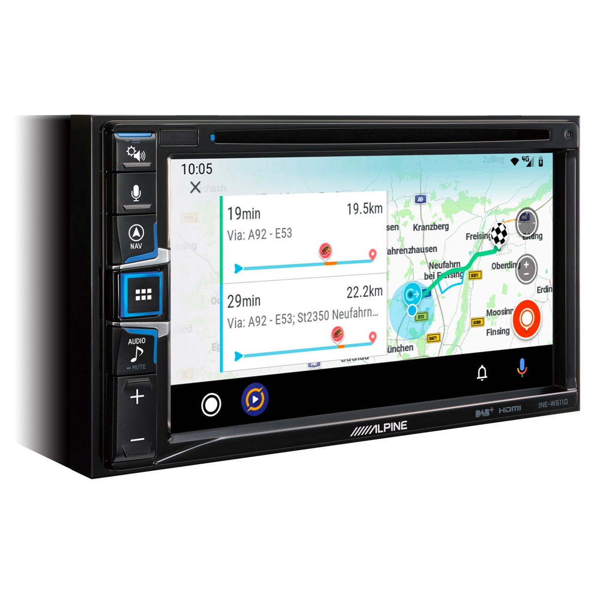 Ein Autoradio zeigt eine Navigationskarte mit zwei Routenoptionen an.