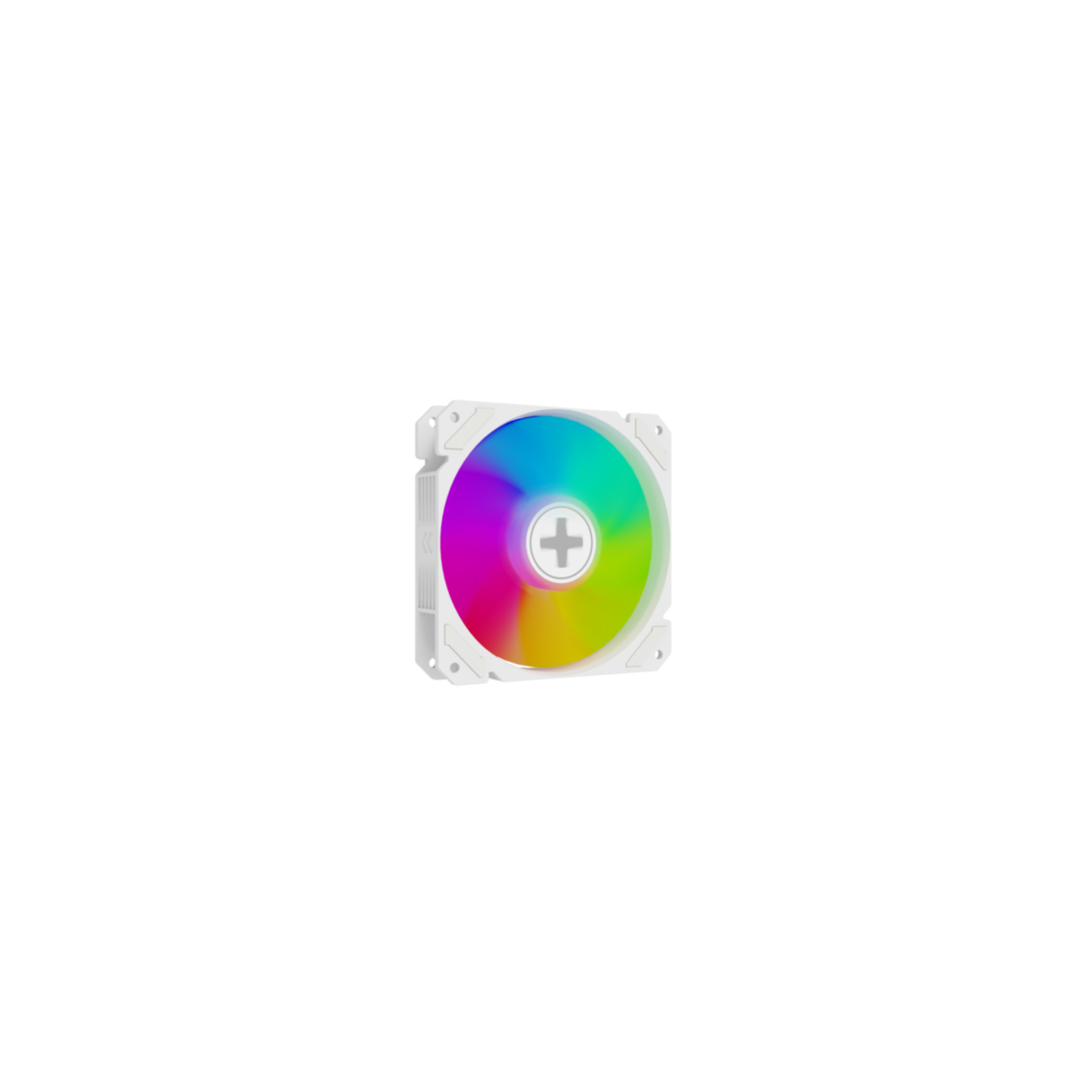 A white fan with colorful RGB LEDs and a plus sign in the center.