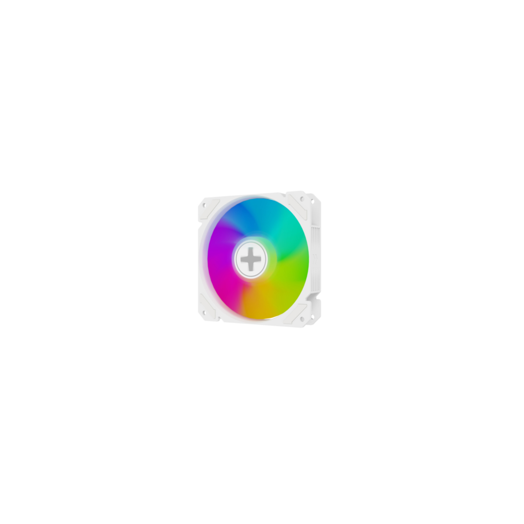 A white computer fan with colorful LEDs and a plus sign in the center.