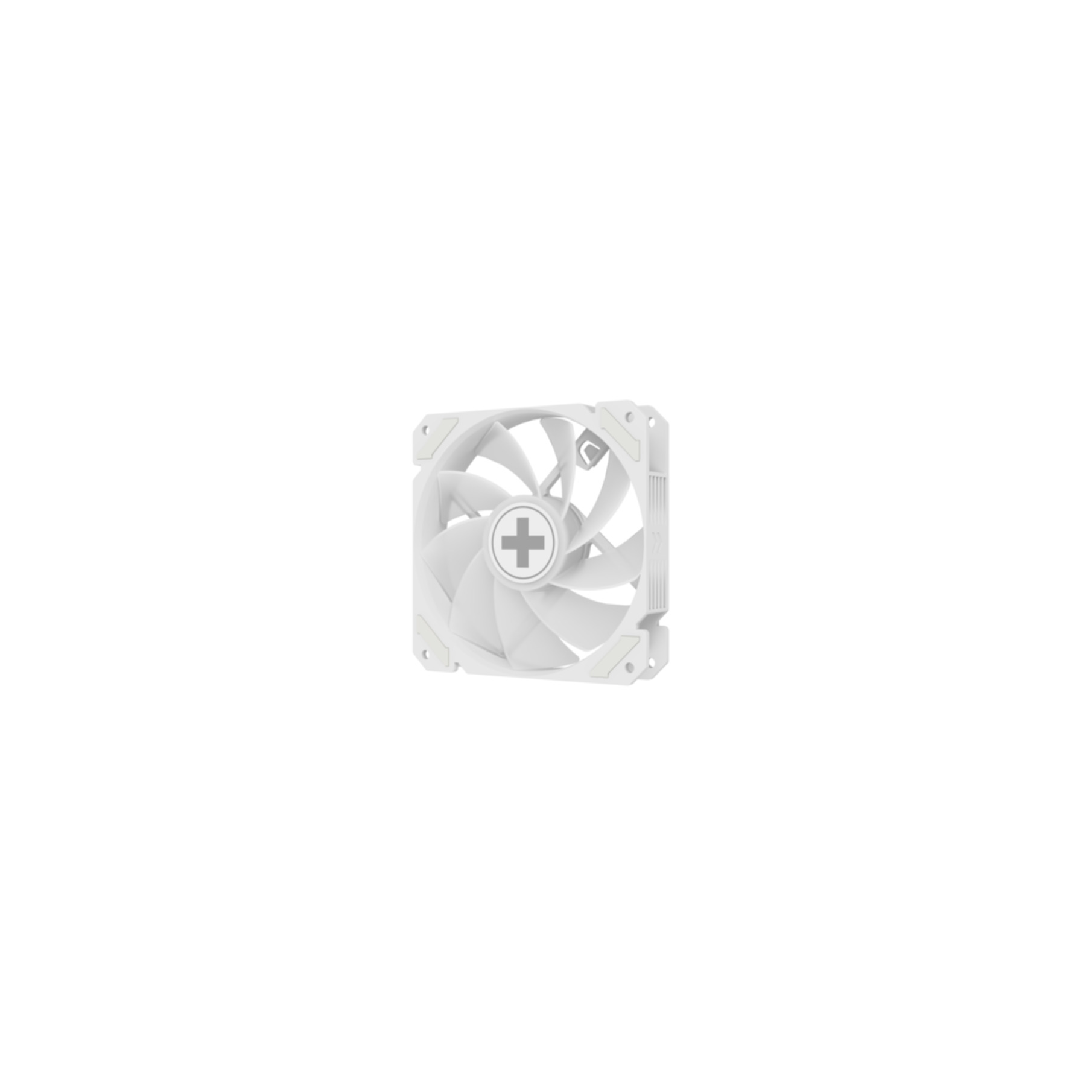 A white PC fan with a plus sign in the center on a white background.