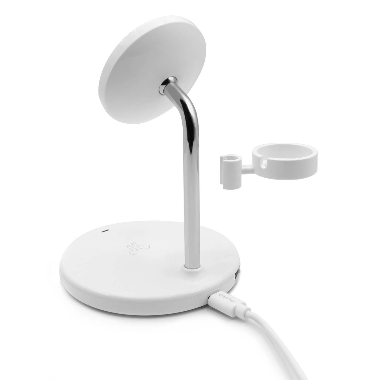 Un supporto di ricarica bianco con base rotonda, che ospita un supporto per telefono e una piastra.