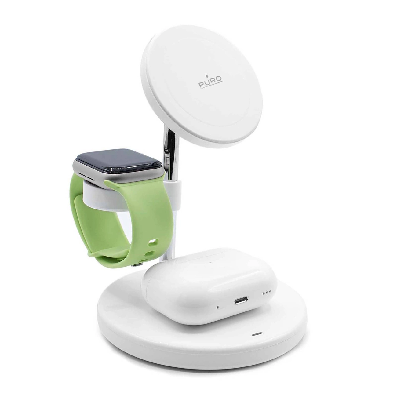 Un caricabatterie bianco per smartwatch e auricolari su un supporto argento.