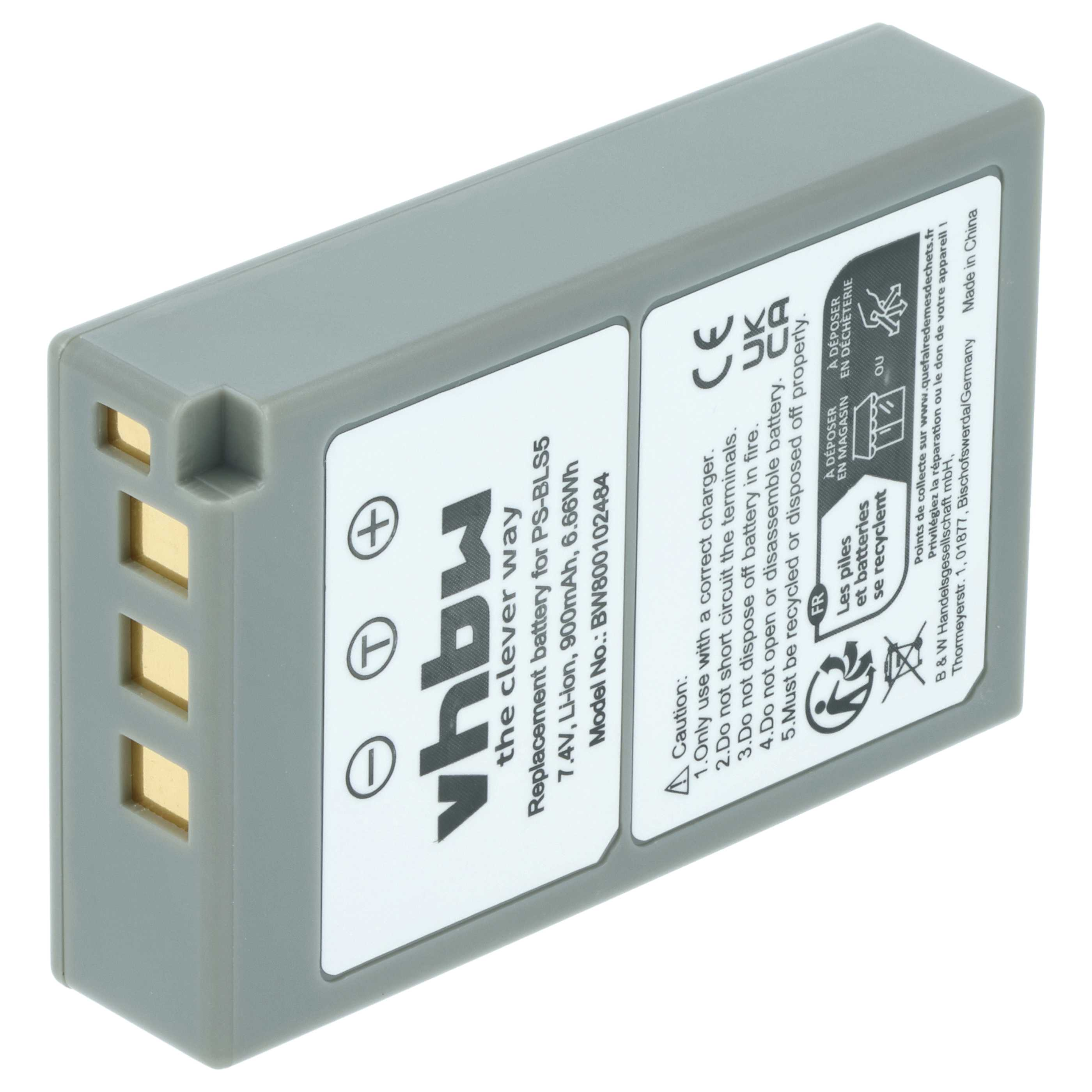 Grauer Akku für PS-BLS5, 7.4V, Li-ion, 900mAh. Warnhinweise aufgedruckt.