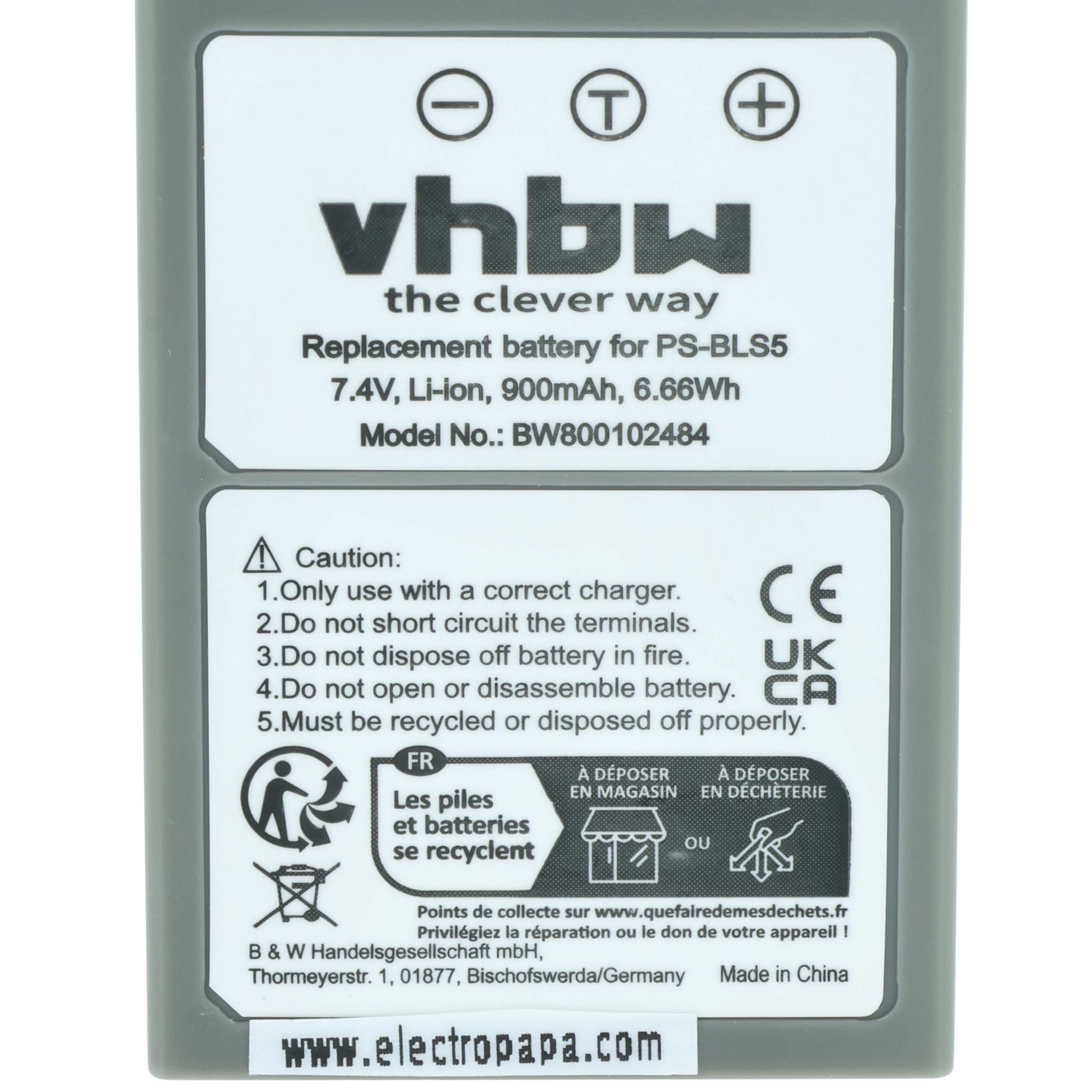 Grauer Akku mit Aufkleber: vhbw, 7.4V, Li-ion, 900mAh, 6.66Wh, PS-BLS5.
