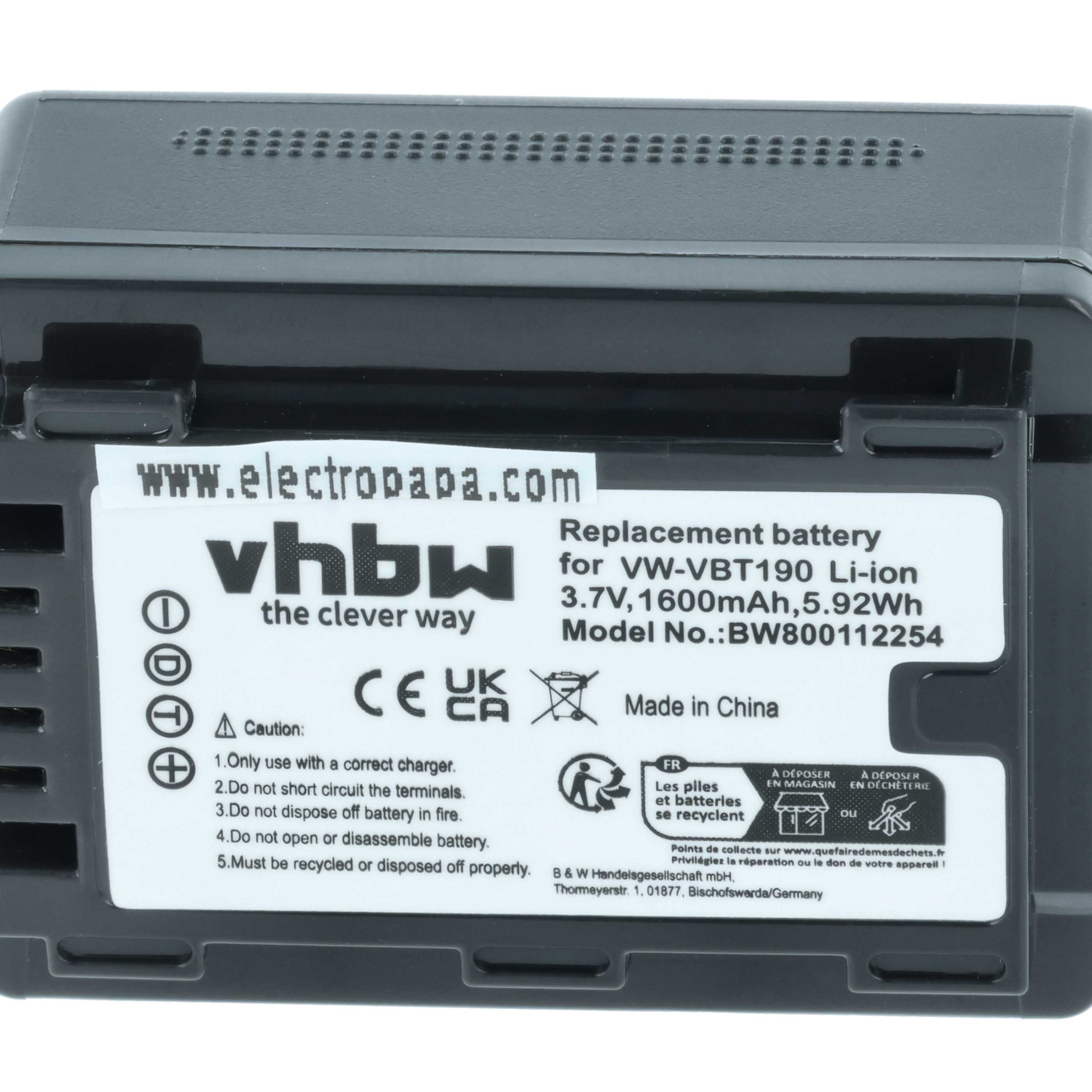 Grauer Akku mit weißem Etikett und Warnsymbolen, 3,7V, 1600mAh.