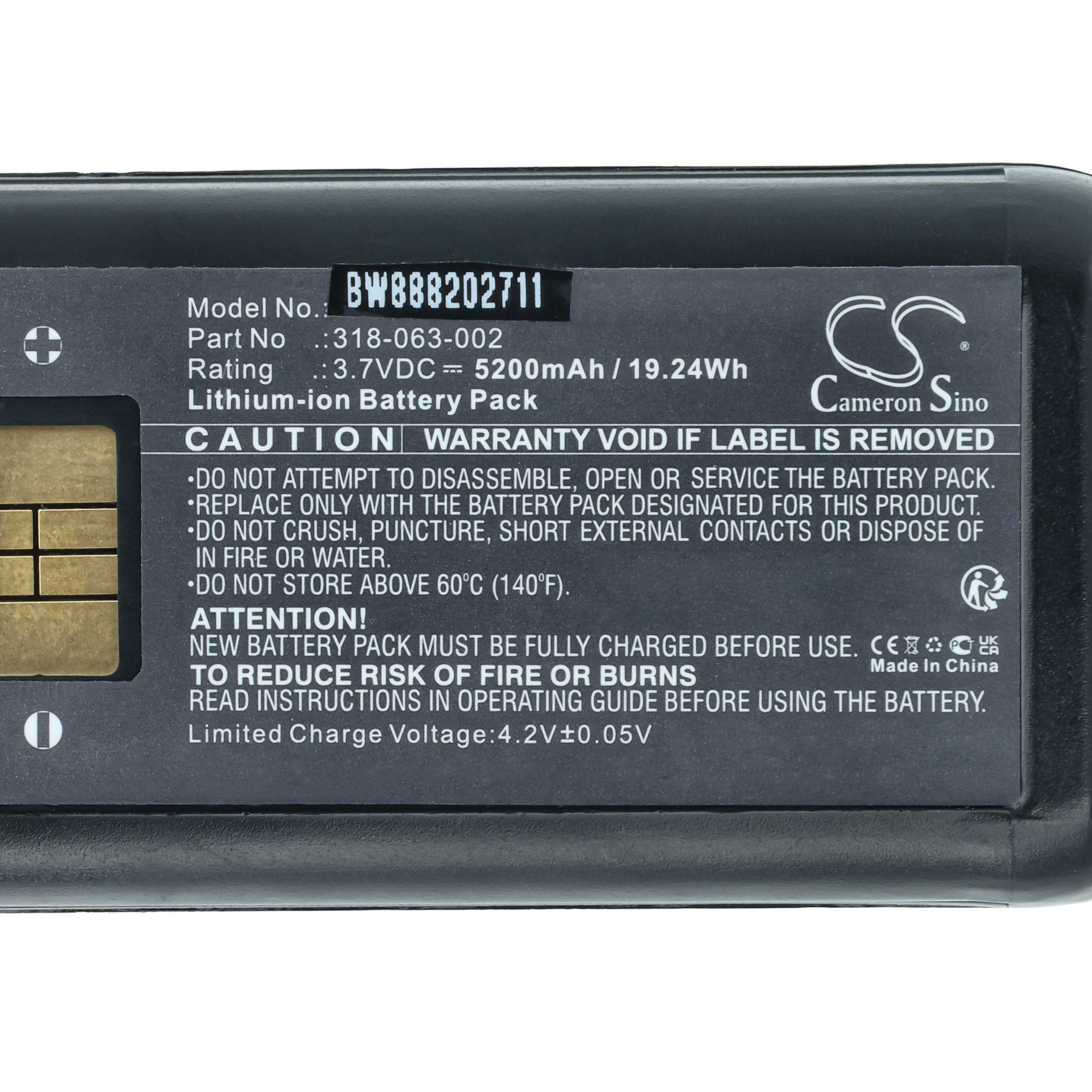 Schwarzer Lithium-Ionen-Akku mit Aufdruck: Modell, Teilenummer, Nennleistung und Warnhinweisen.