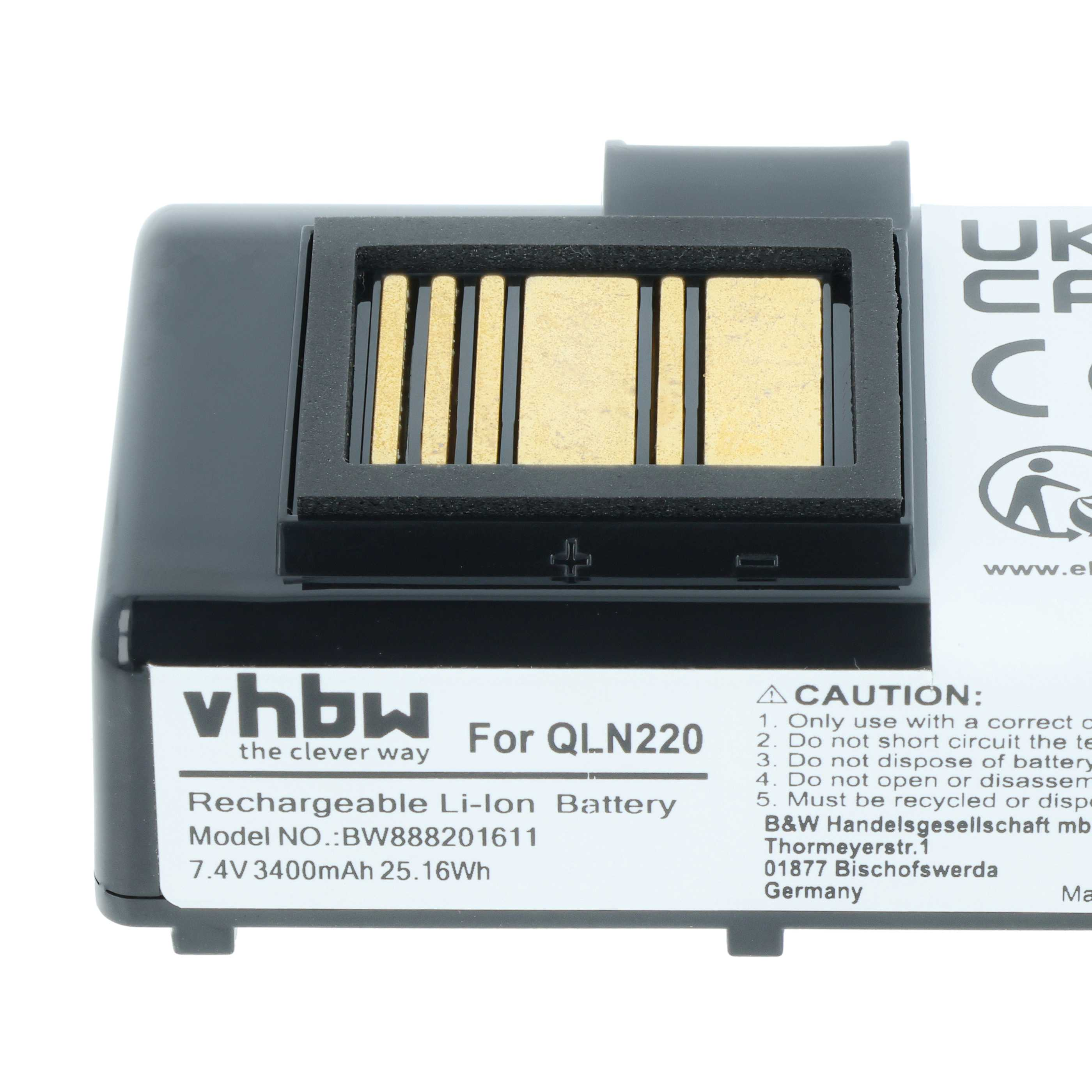 Schwarzer Li-Ion Akku für QLN220 mit goldenen Kontakten und Warnhinweisen.