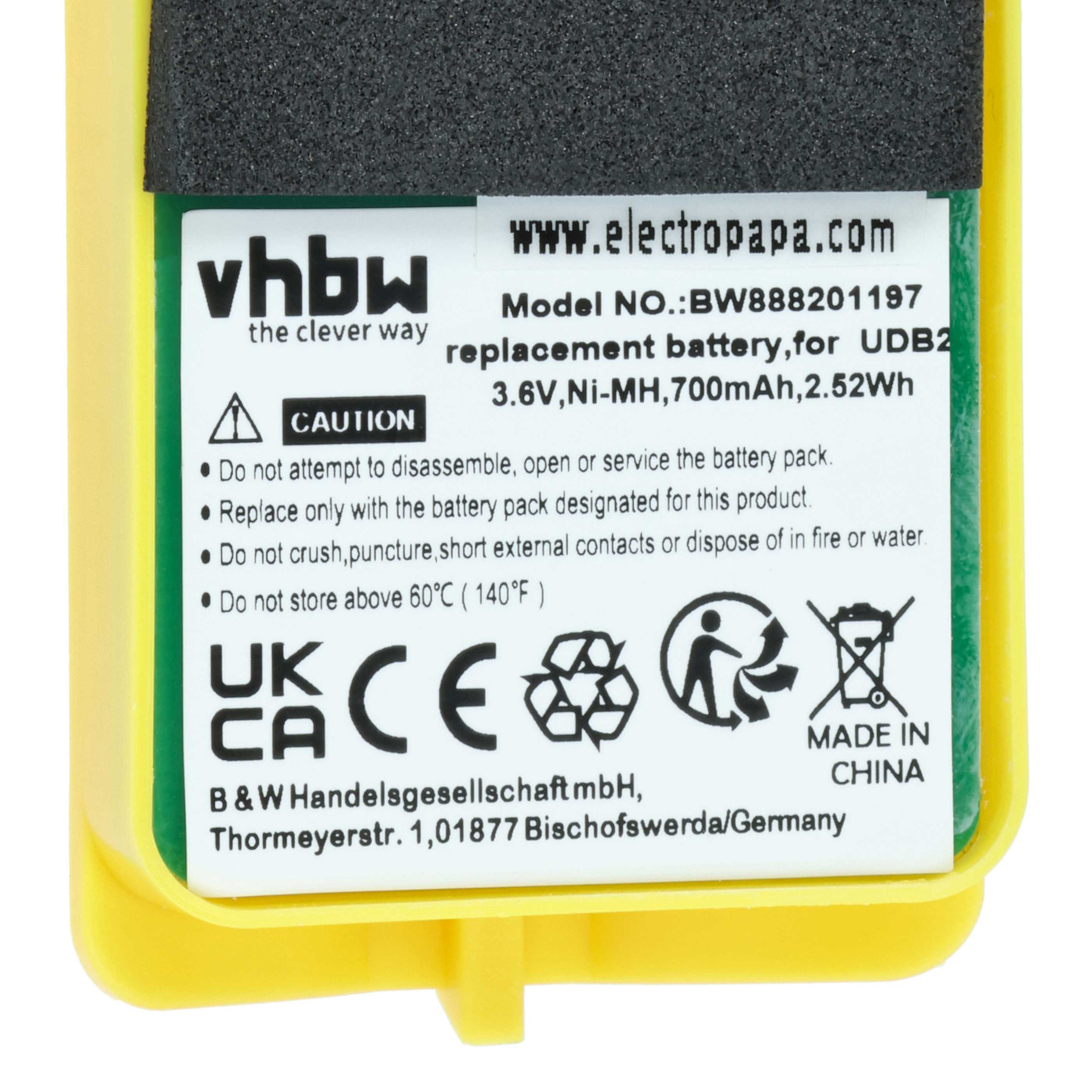 Gelber Kasten mit Batterieetikett: Vhbw, 3,6V, 700mAh, Made in China.