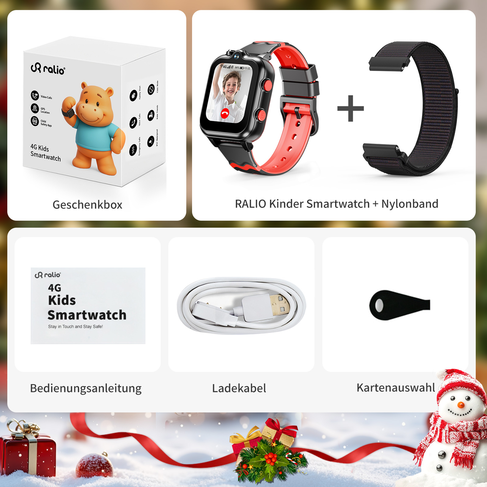 Produktabbildung mit Geschenkbox, Smartwatch, Ladekabel, und Zubehör.