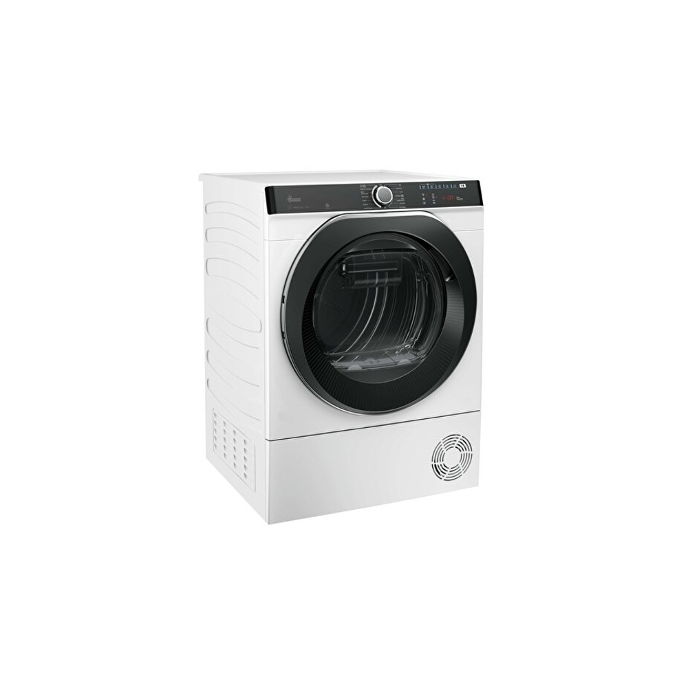 Siyah kapılı ve kontrol panelli modern beyaz kurutma makinesi.