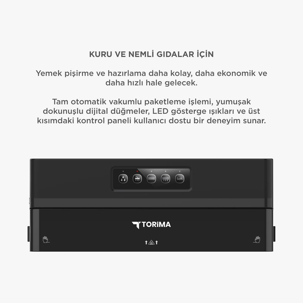 Kuru ve nemli gıdalar için dokunmatik panel ve LED göstergeli siyah vakum paketleme makinesi.