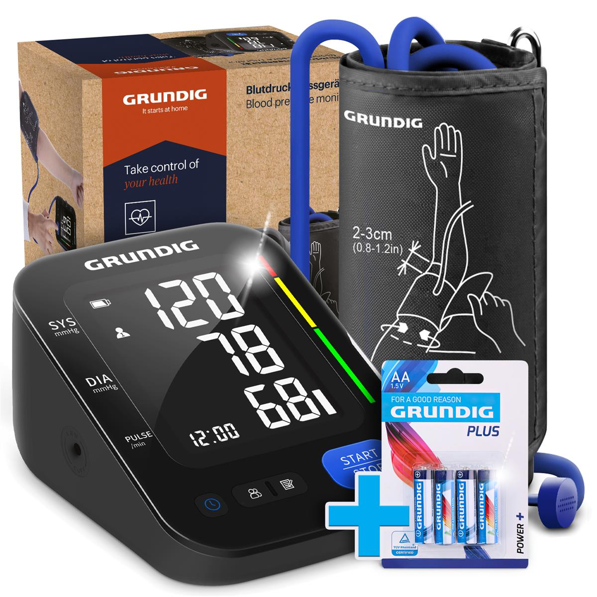 Ein Grundig Blutdruckmessgerät mit Manschette, Batterien und Verpackung.