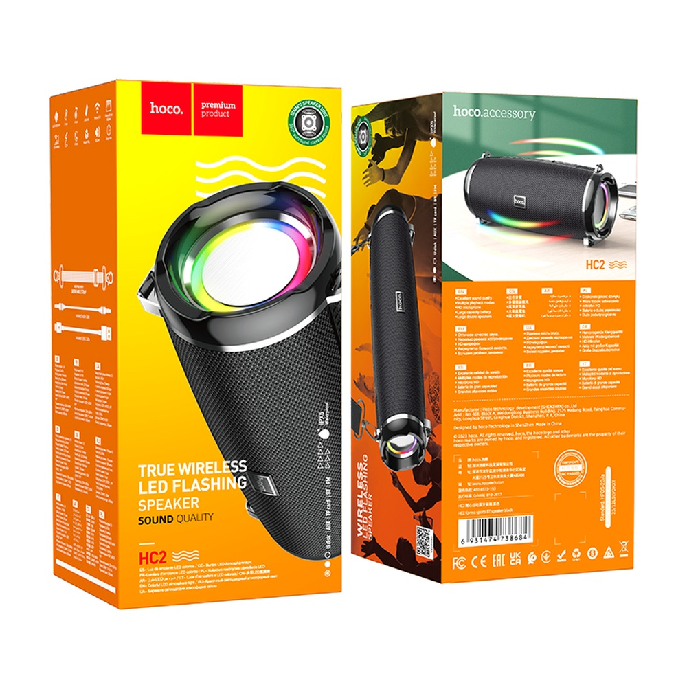 Due altoparlanti HOCO HC2 con luci LED lampeggianti e testo.