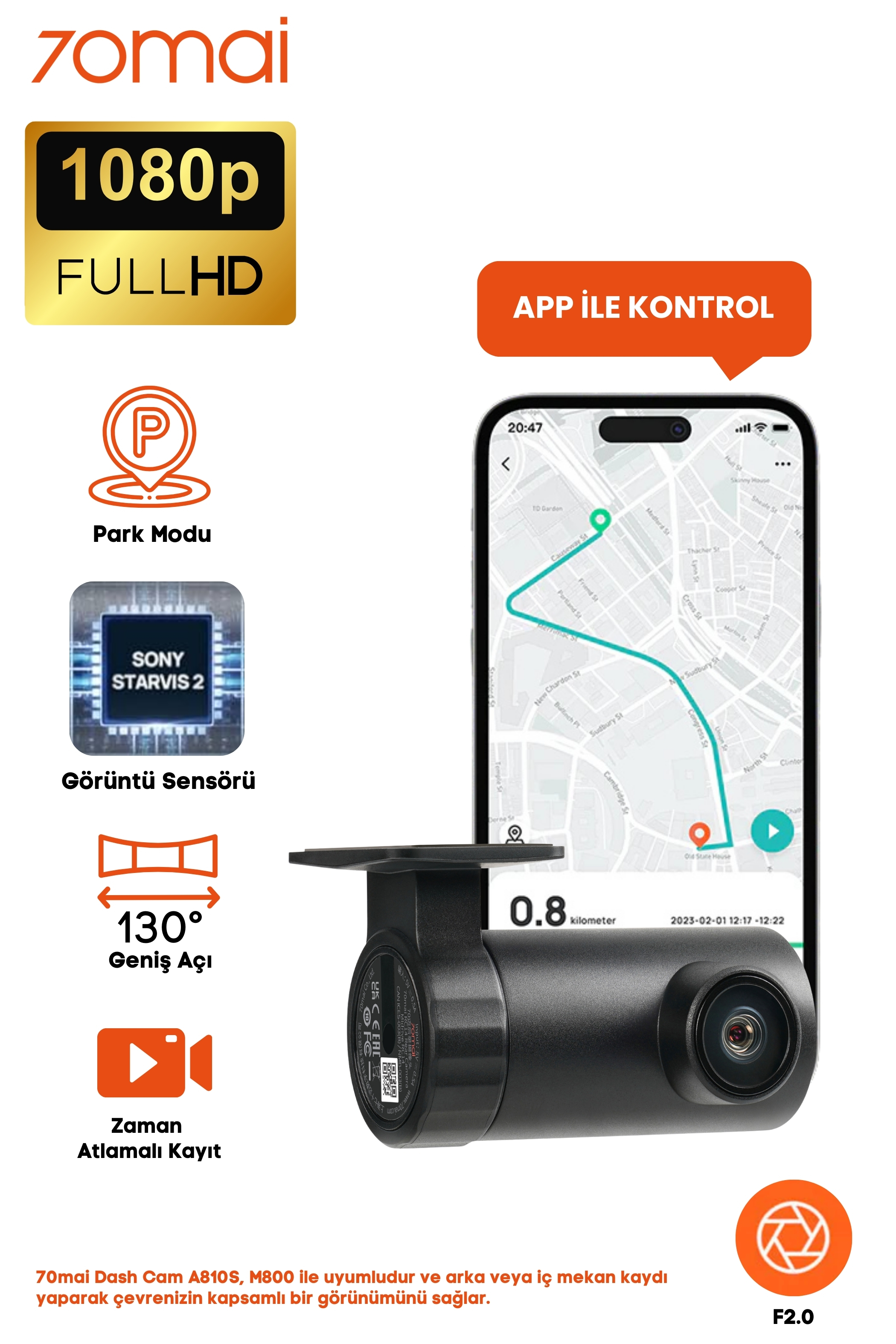 70mai Dash Cam 1080p, Park Modu, Sony Starvis 2 sensör, 130° geniş açı.