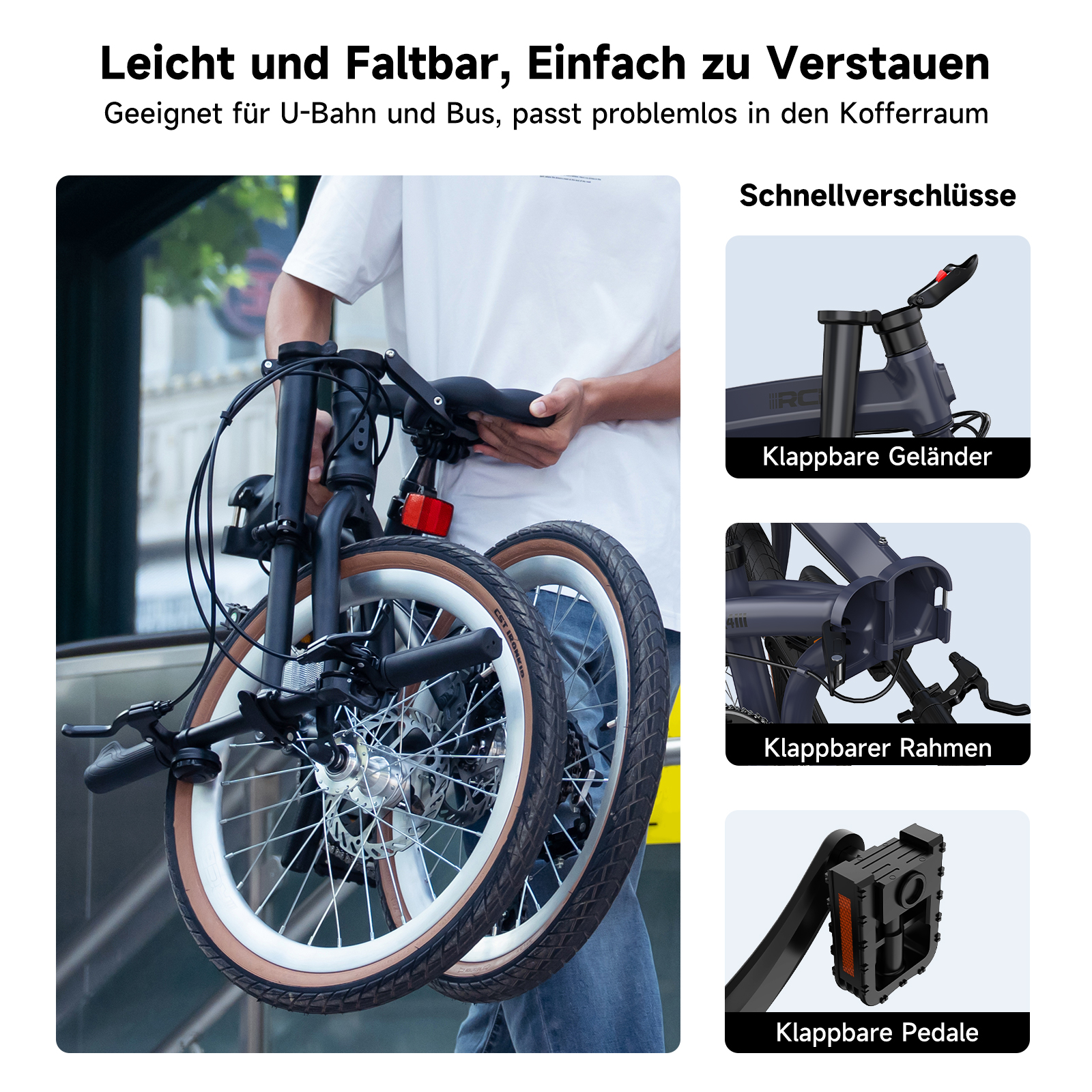 Ein Mann hält ein zusammengeklapptes Fahrrad. Details zeigen Schnellverschlüsse, Rahmen und Pedale.