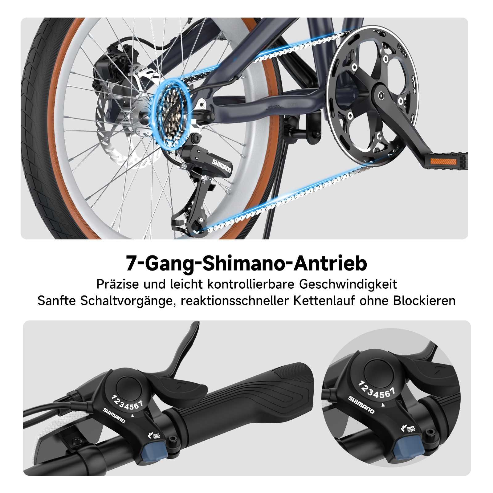 Fahrrad-Kettenschaltung mit 7 Gängen von Shimano, inklusive Drehgriffschalter.