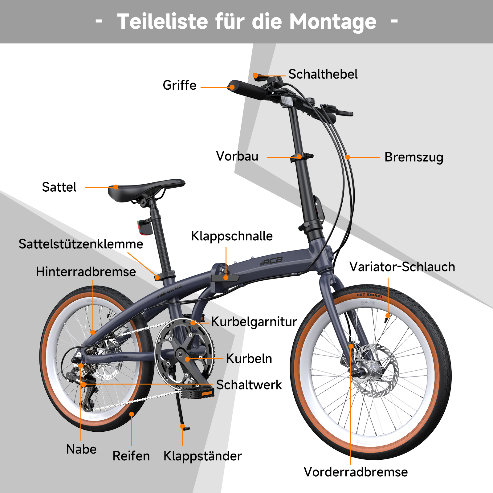 Eine schematische Darstellung eines blauen Faltrads mit Beschriftungen für Montagezwecke.
