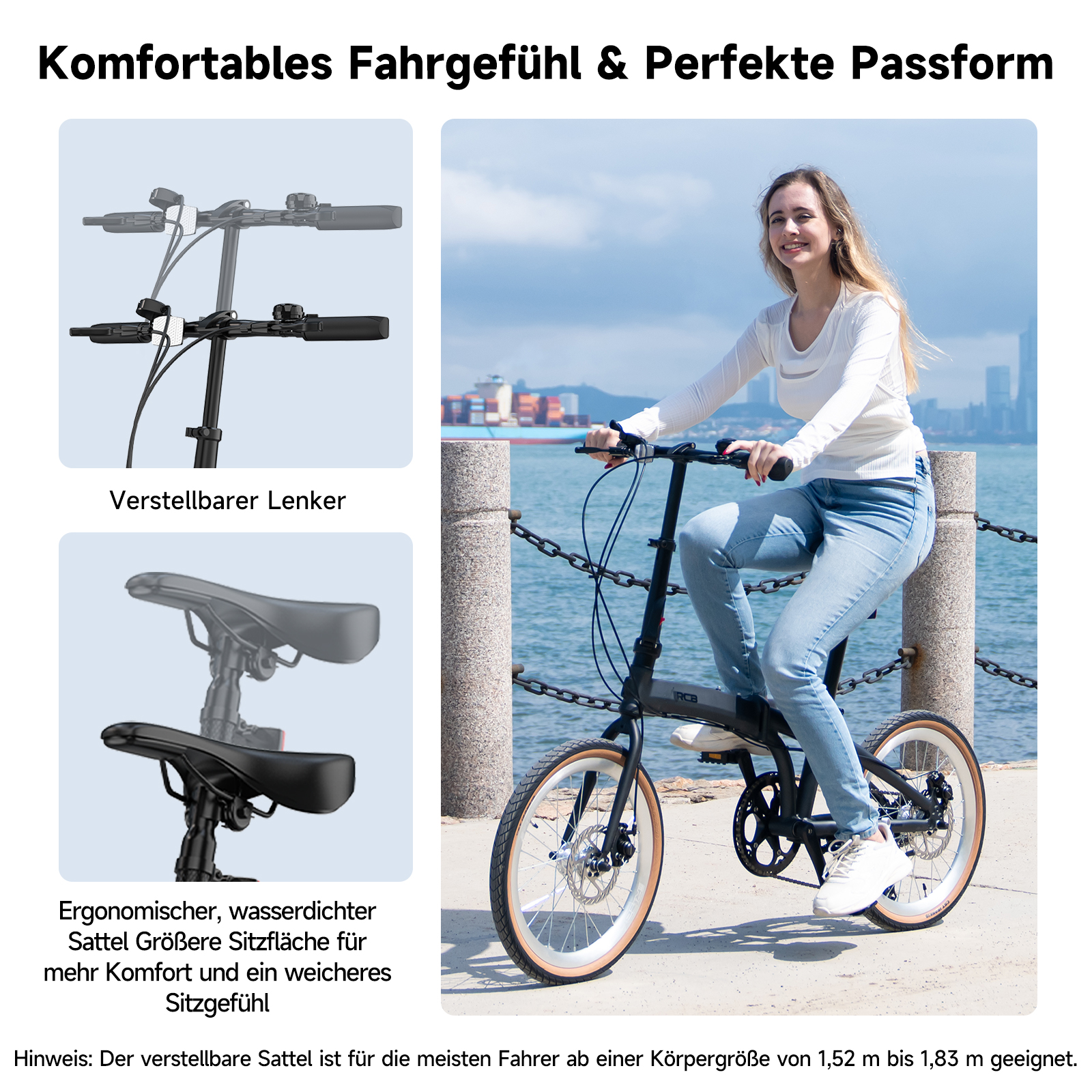 Eine Frau fährt ein Fahrrad am Wasser. Links sind ein Lenker und ein Sattel.