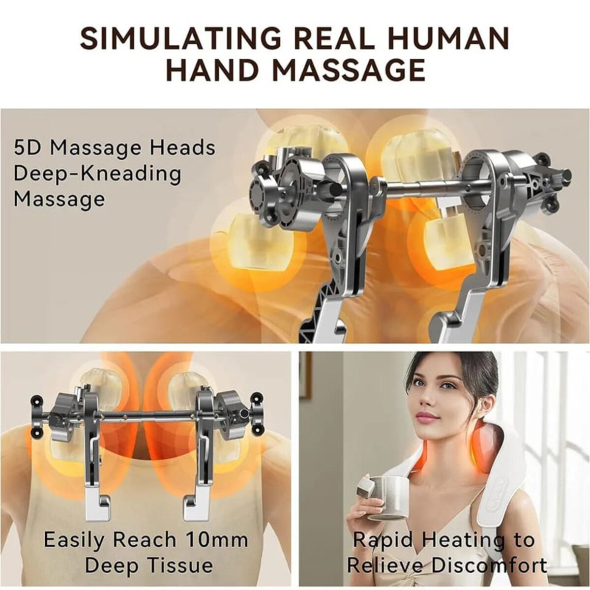 Dispositivo de masaje simula masaje manual, con cabezales 5D, acceso profundo y calor.