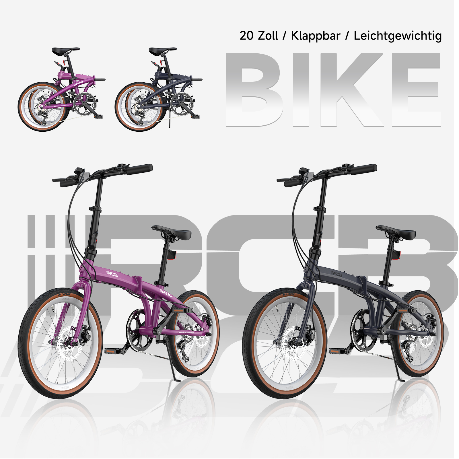 Zwei faltbare Fahrräder, eins lila, eins dunkelgrau, mit großen Rädern.