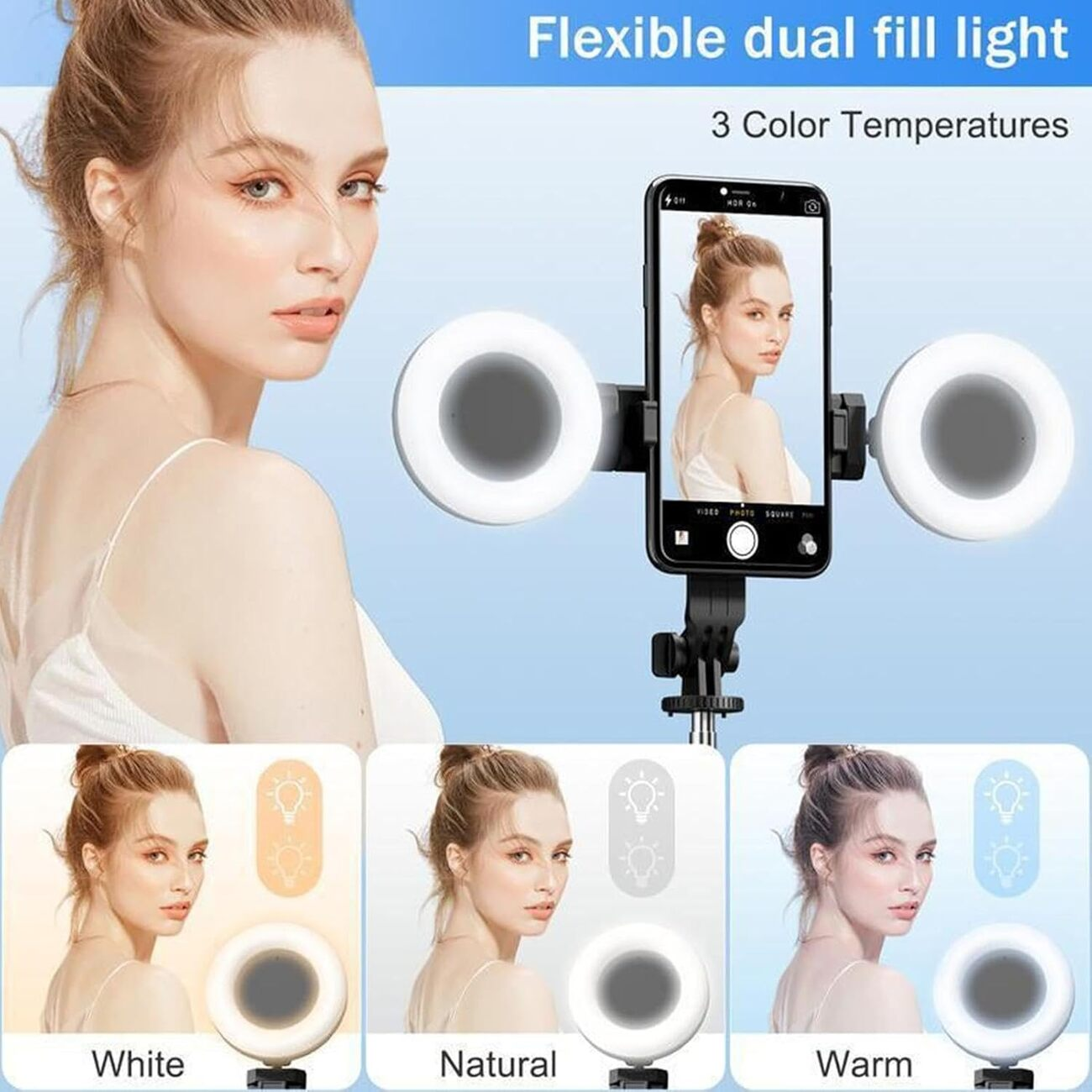 Mujer con luces de relleno duales y soporte para smartphone. Se muestran 3 temperaturas.