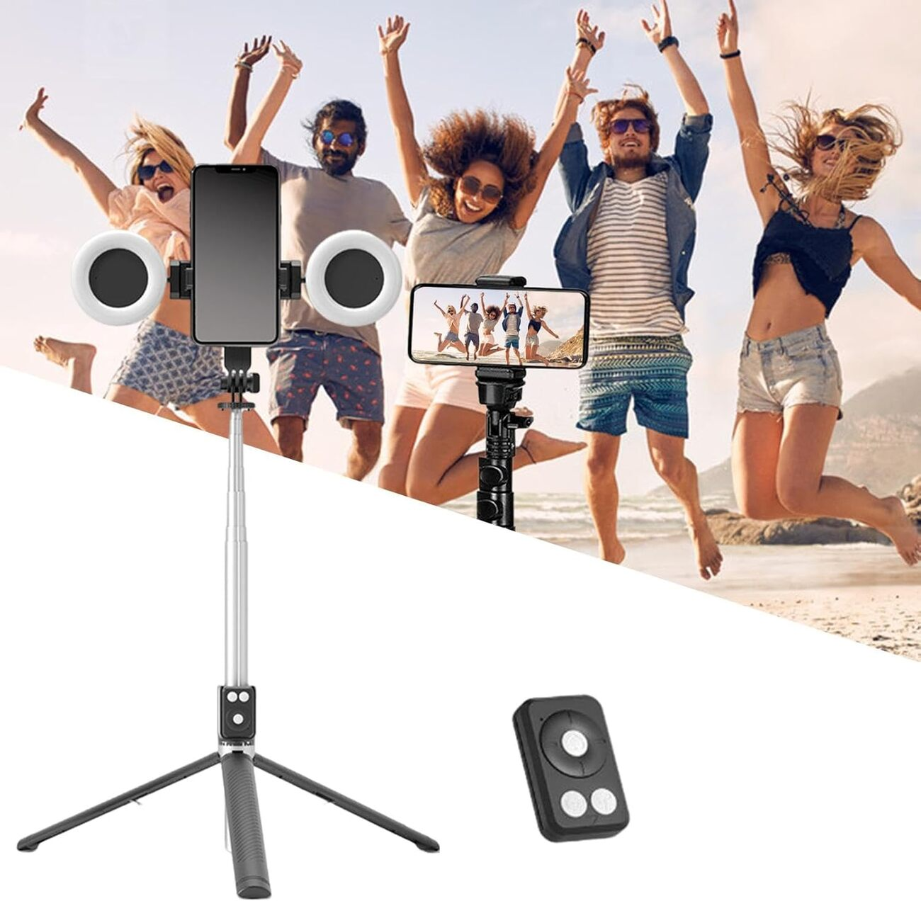 Palo selfie con luces y mando a distancia frente a gente saltando en playa.
