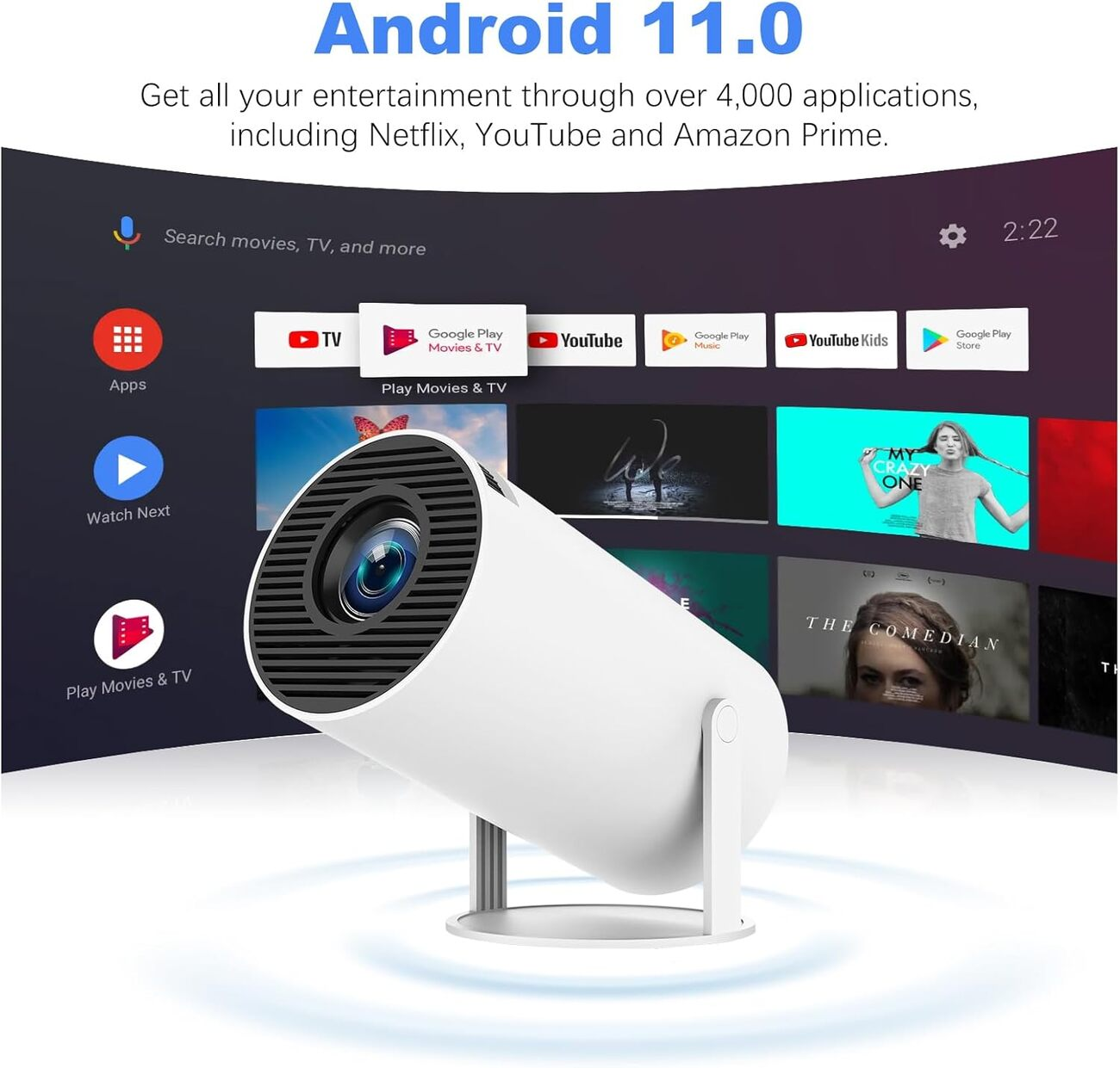 Un proyector blanco muestra la interfaz de Android 11.0 con iconos de aplicaciones y pósters de películas.