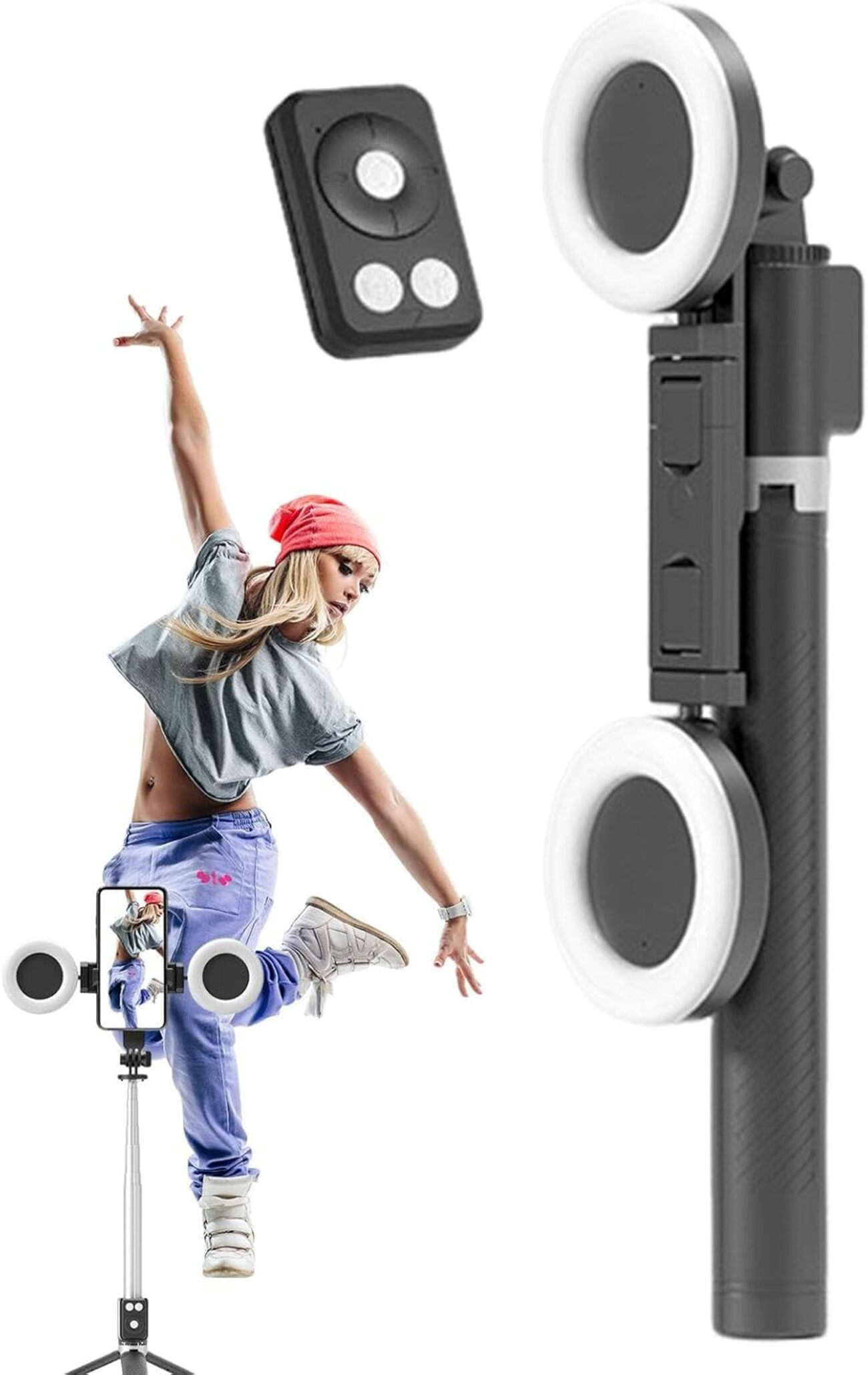 Bailarina con palo selfie, luces de anillo y control remoto sobre fondo blanco.