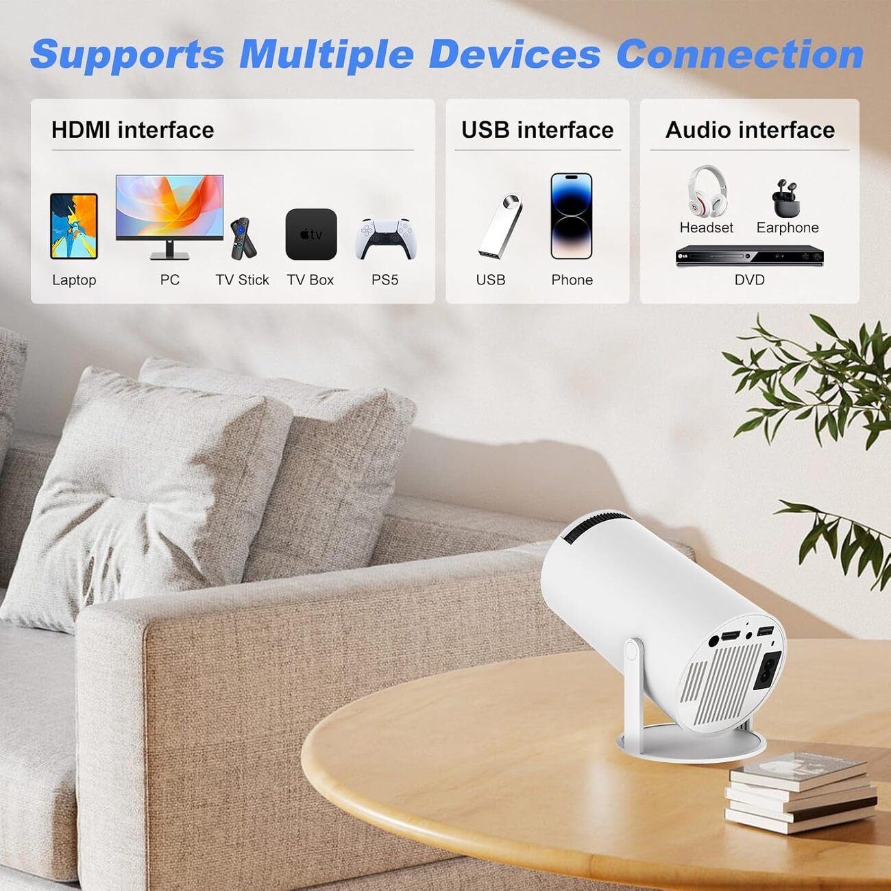 Un proyector blanco se conecta a varios dispositivos a través de interfaces HDMI, USB y de audio.