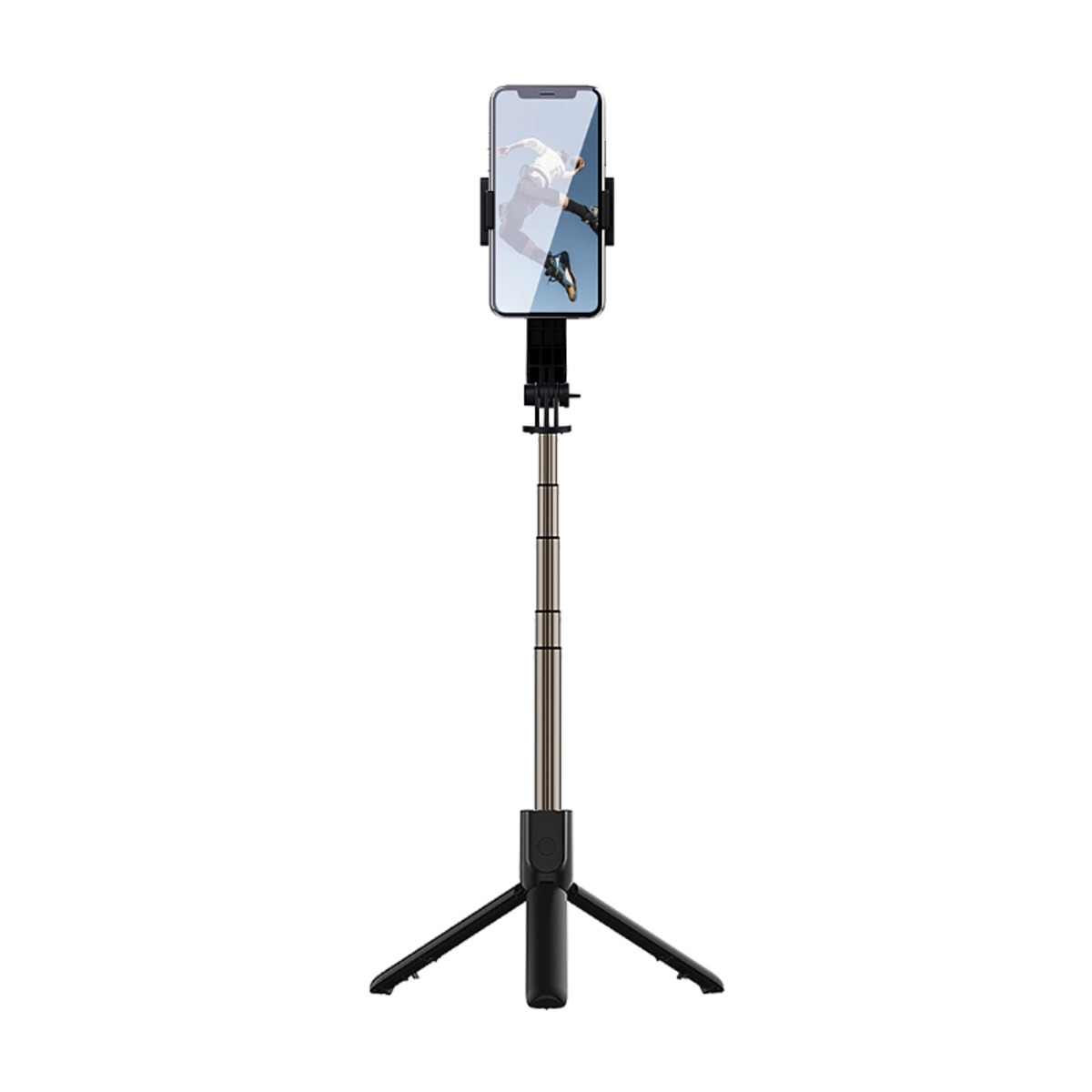 Un palo selfie extensible con trípode y un smartphone que muestra un atleta.