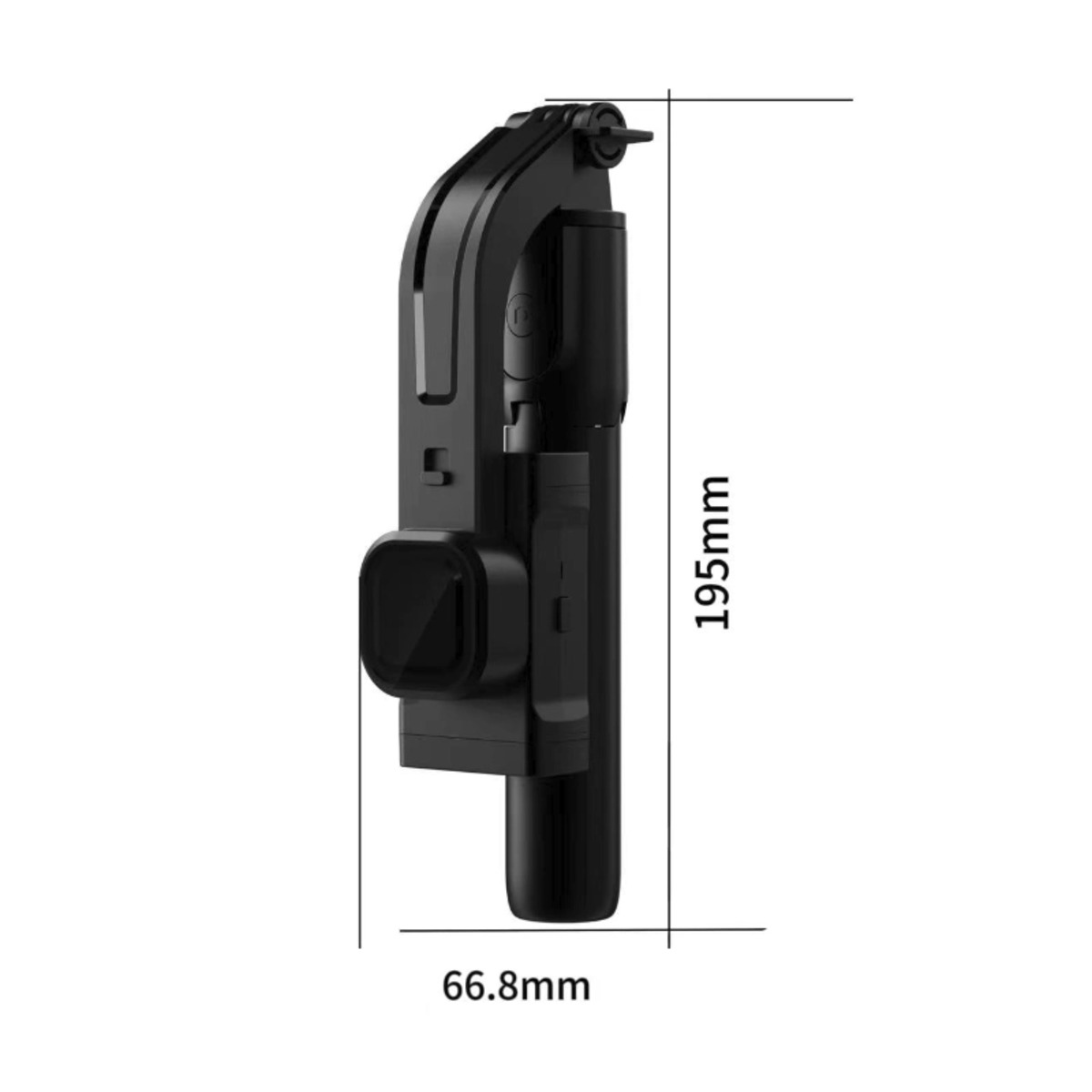 Empuñadura negra con soporte para teléfono, medidas 195 mm x 66,8 mm.