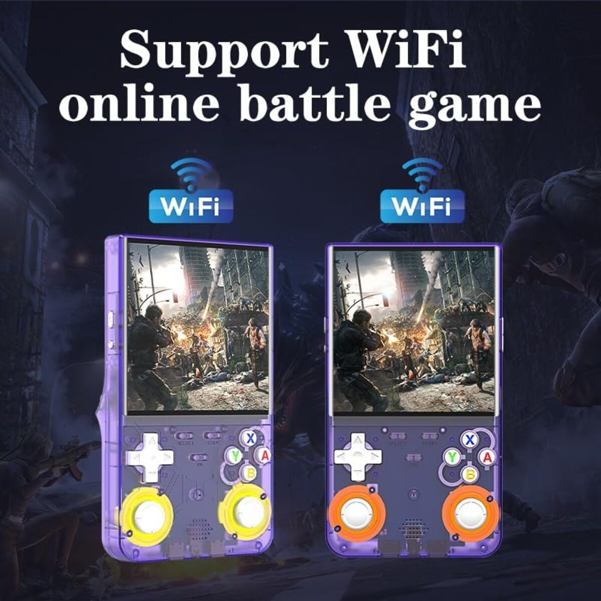 Dos consolas portátiles moradas con iconos WiFi muestran un juego de batalla.