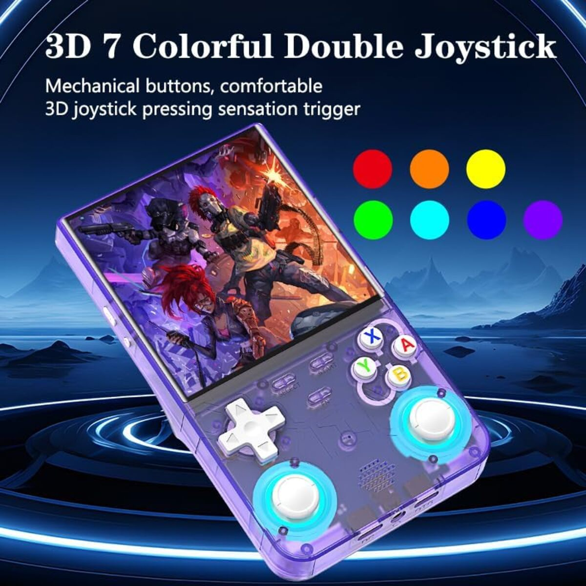 Consola de videojuegos portátil morada muestra escena de juego colorida en pantalla.