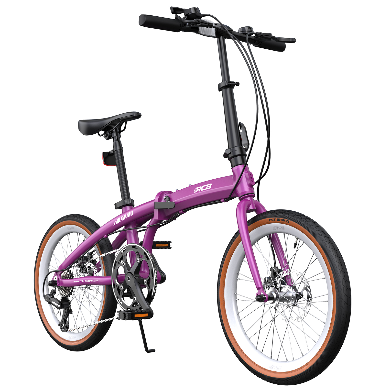 Ein lila faltbares Fahrrad mit schwarzen Akzenten und braunen Reifen.