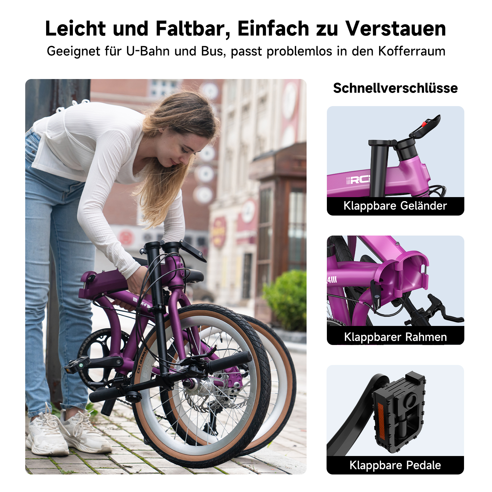 Eine Frau faltet ein lila Fahrrad, daneben sind Detailaufnahmen.