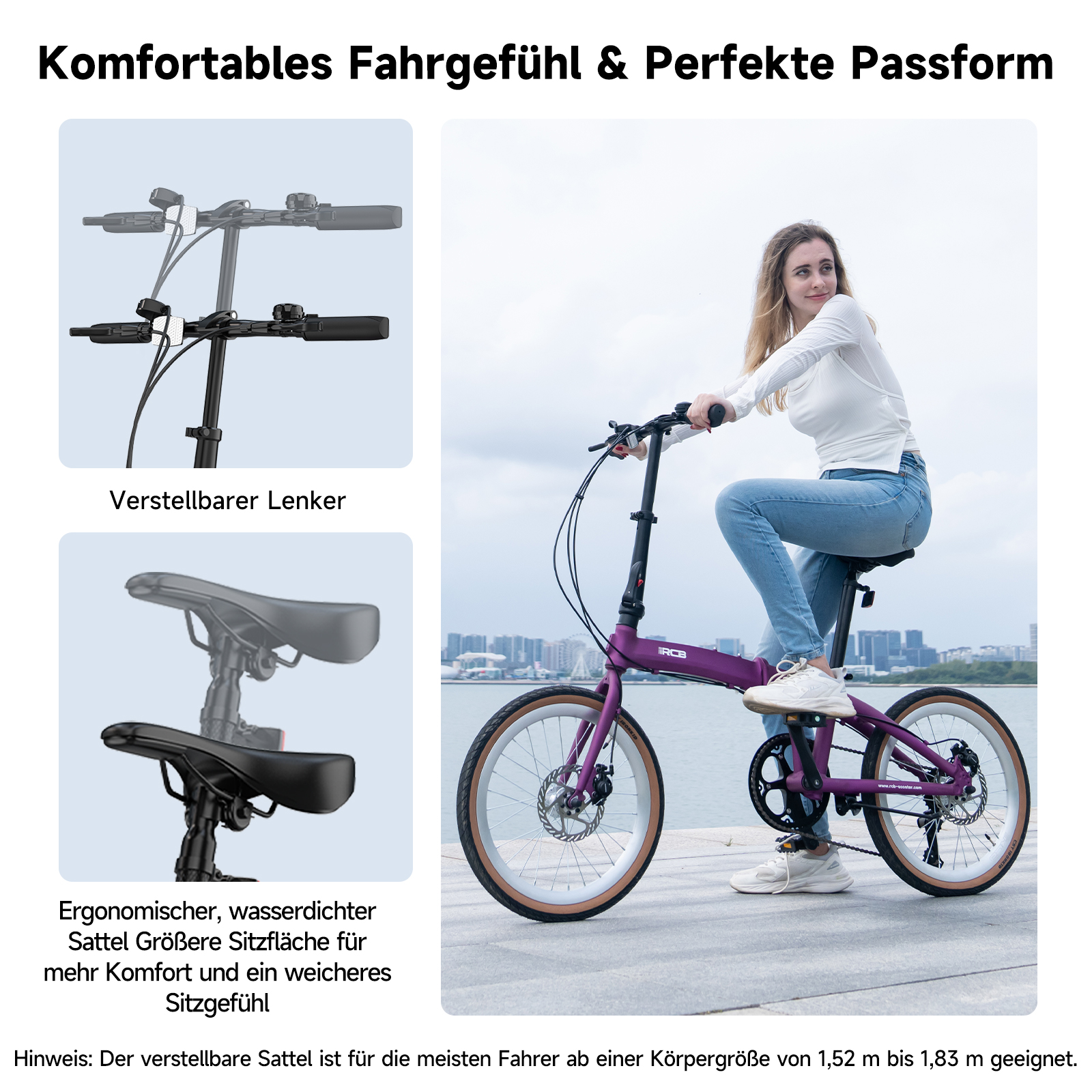 Frau auf lila Faltrad mit Stadtkulisse im Hintergrund. Lenker und Sattel sind verstellbar.