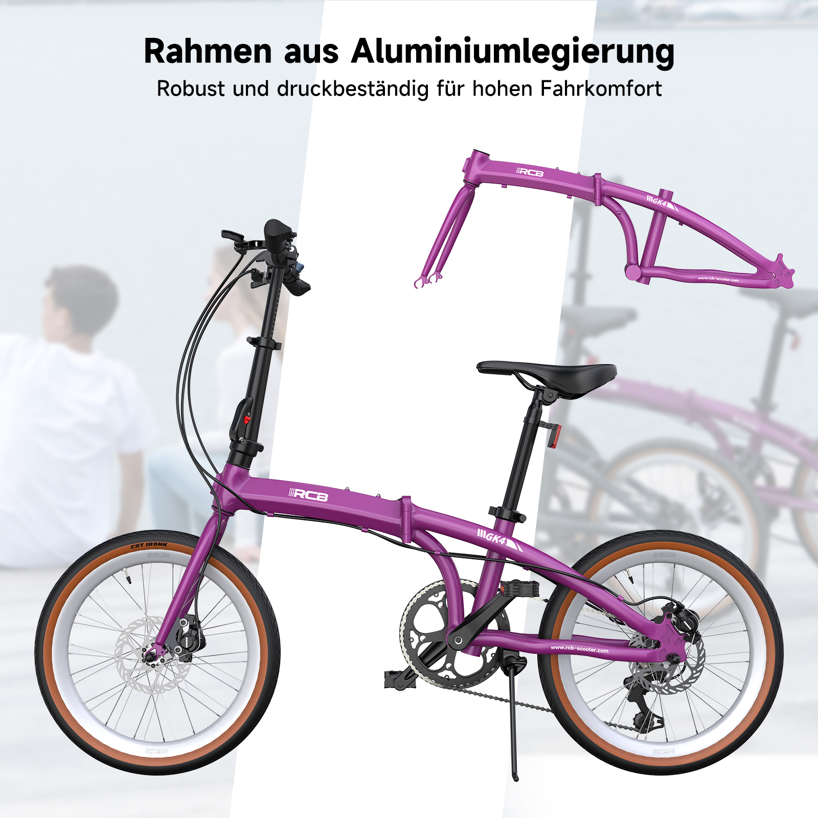 Lila Klapprad mit Aluminiumrahmen und weißen Felgen. Ein zweiter Rahmen ist zu sehen.