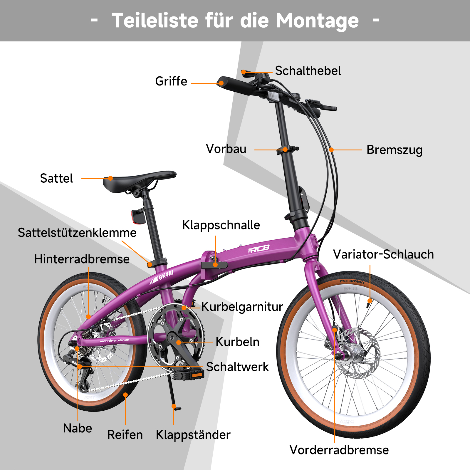 Lila Fahrrad mit Beschriftungen: Sattel, Griffe, Bremsen, Schaltung.