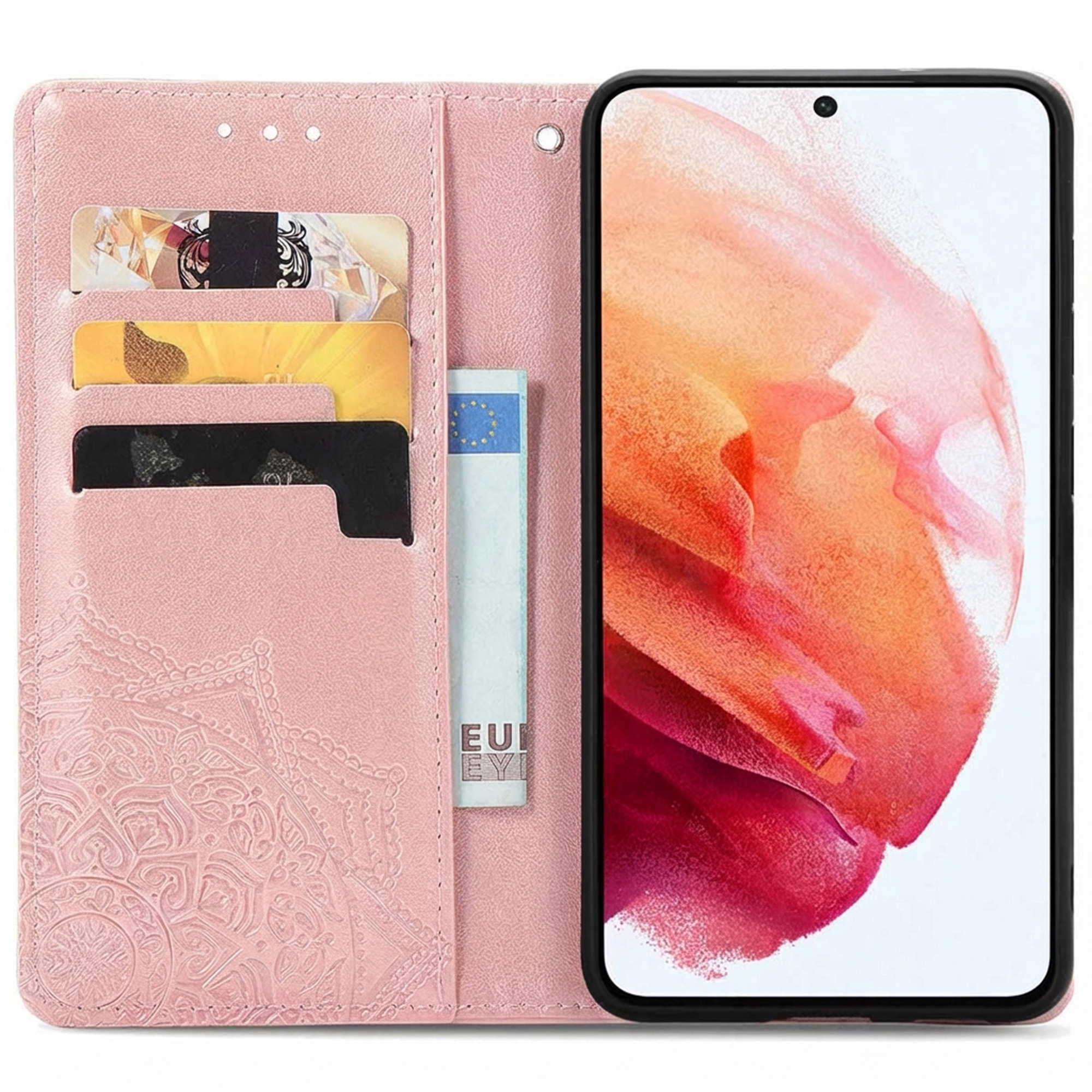 Een roze telefoonhoes met kaarthouders en een vak voor bankbiljetten, naast een smartphone.