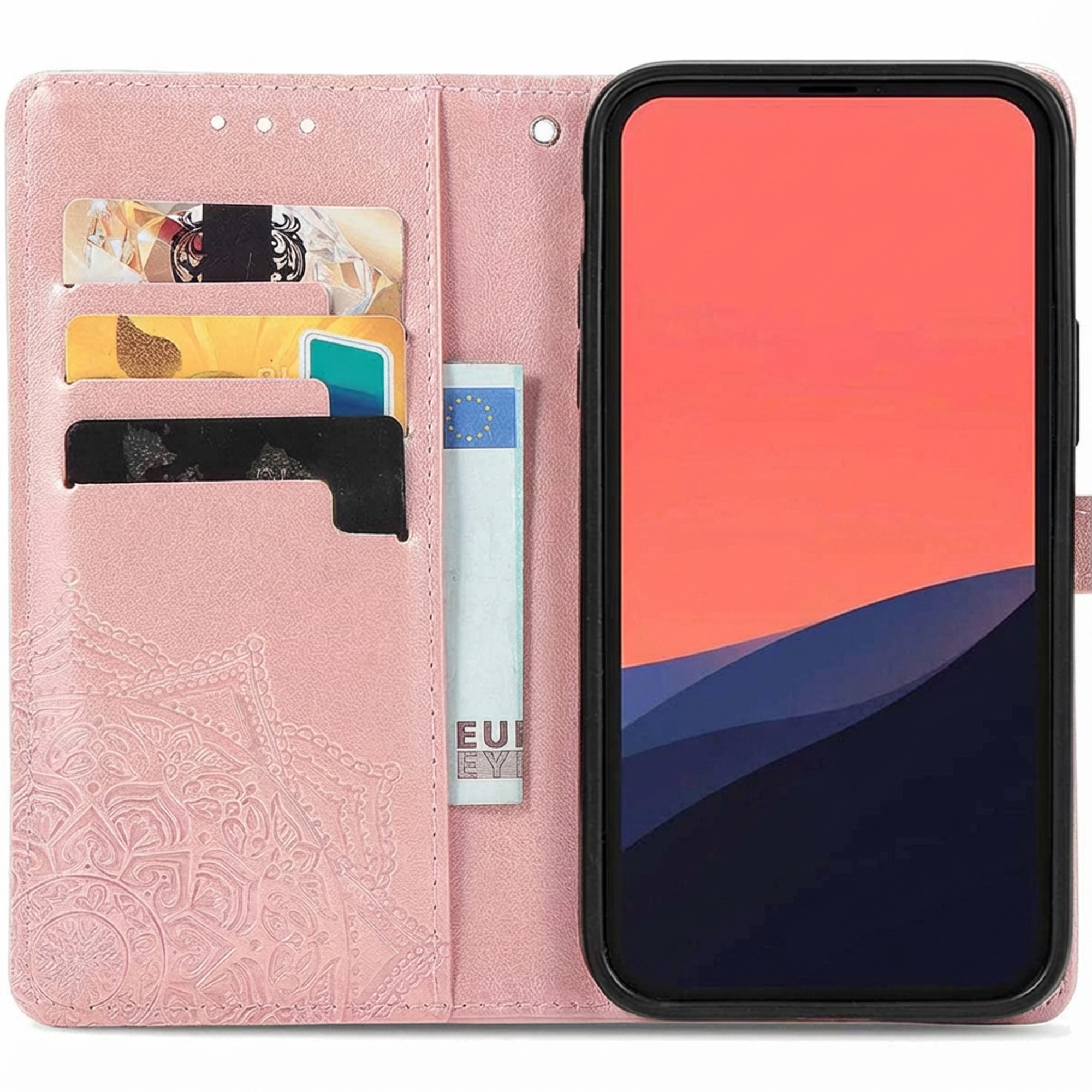 Roze boekstijl telefoonhoesje met kaartsleuven en bankbiljet ernaast.