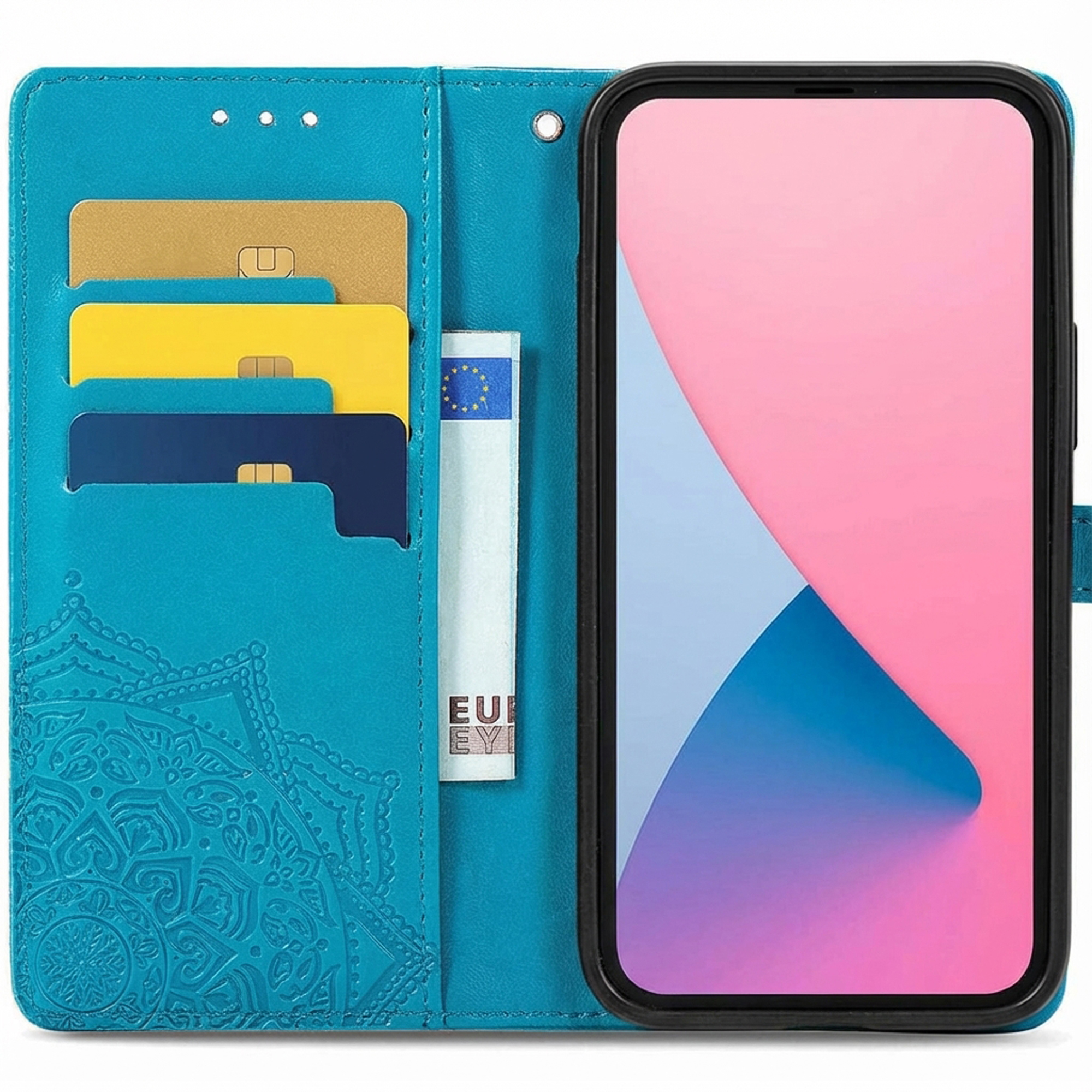 Een turquoise telefoonportemonneehouder met kaartsleuven en een telefoon.