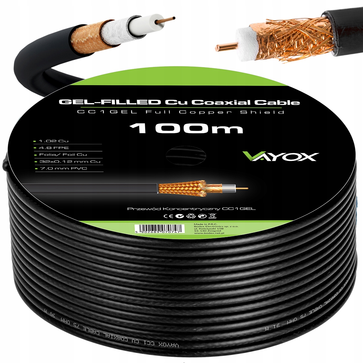 Czarny kabel koncentryczny na szpuli, 100m, z miedzianym ekranem.