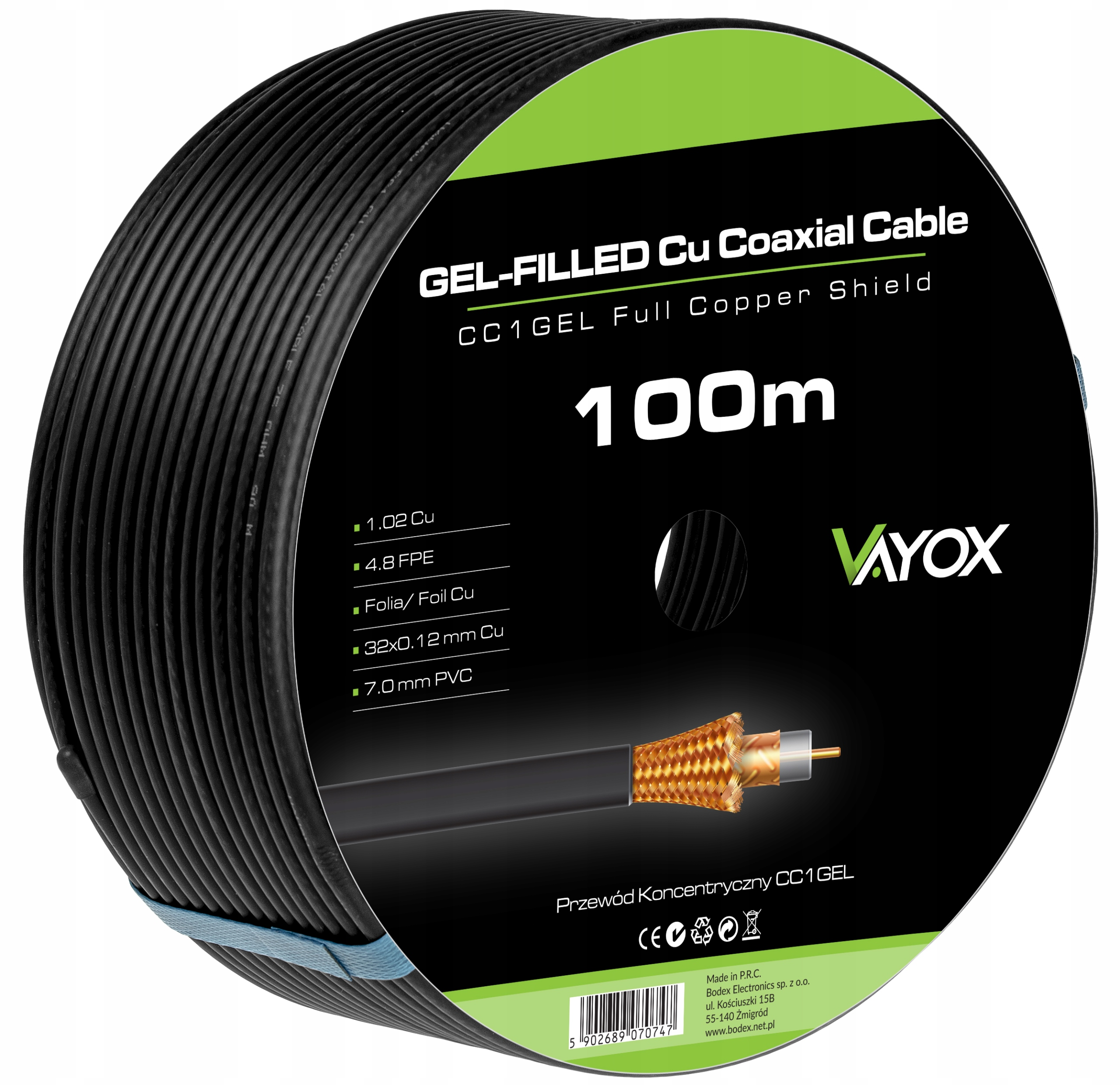 Czarny kabel koncentryczny na rolce, 100m, z logo Vayox.